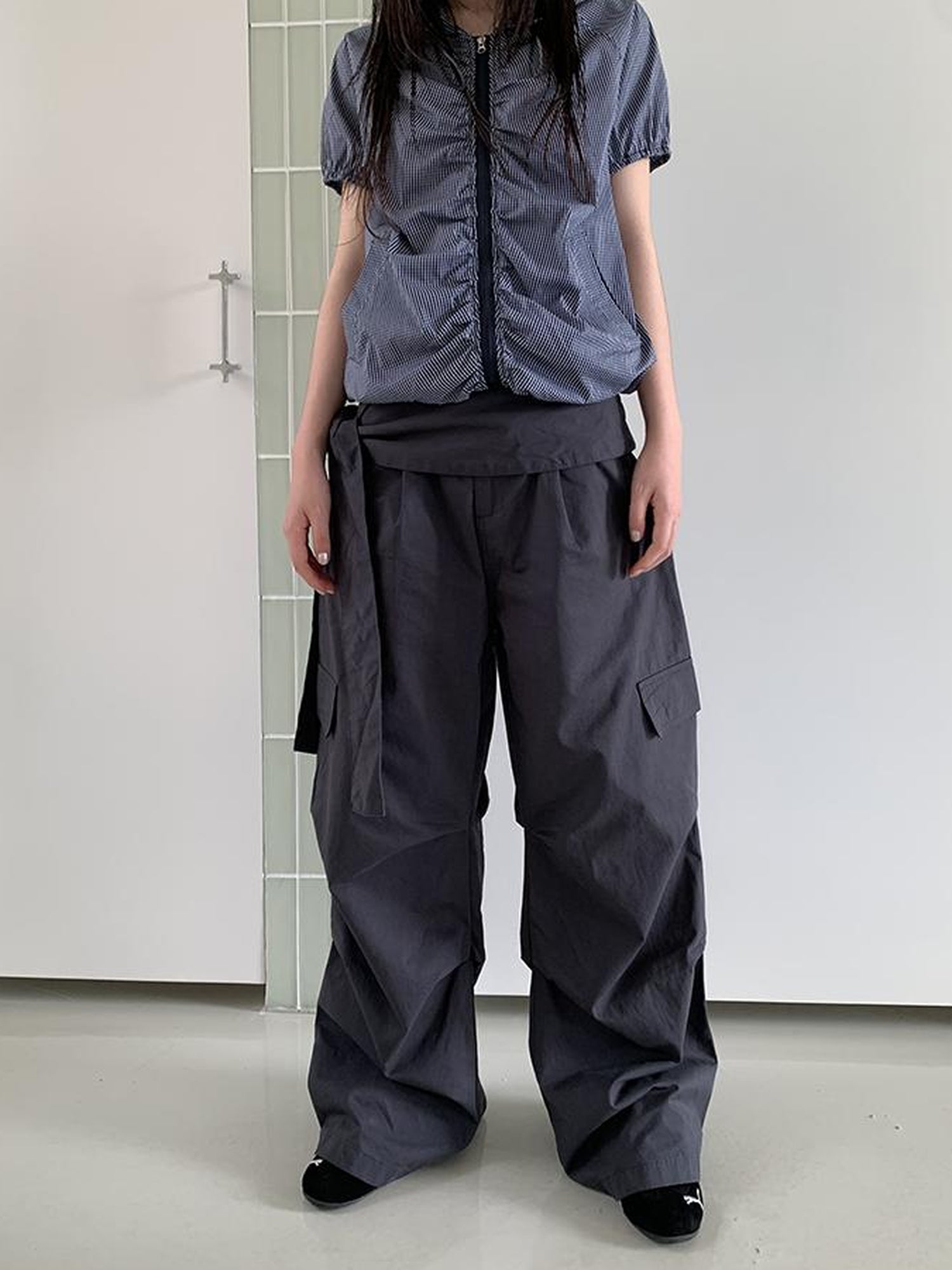 ang project Vintage Waist Tie Pleated High Waist Wide Leg Workwear Pants Set