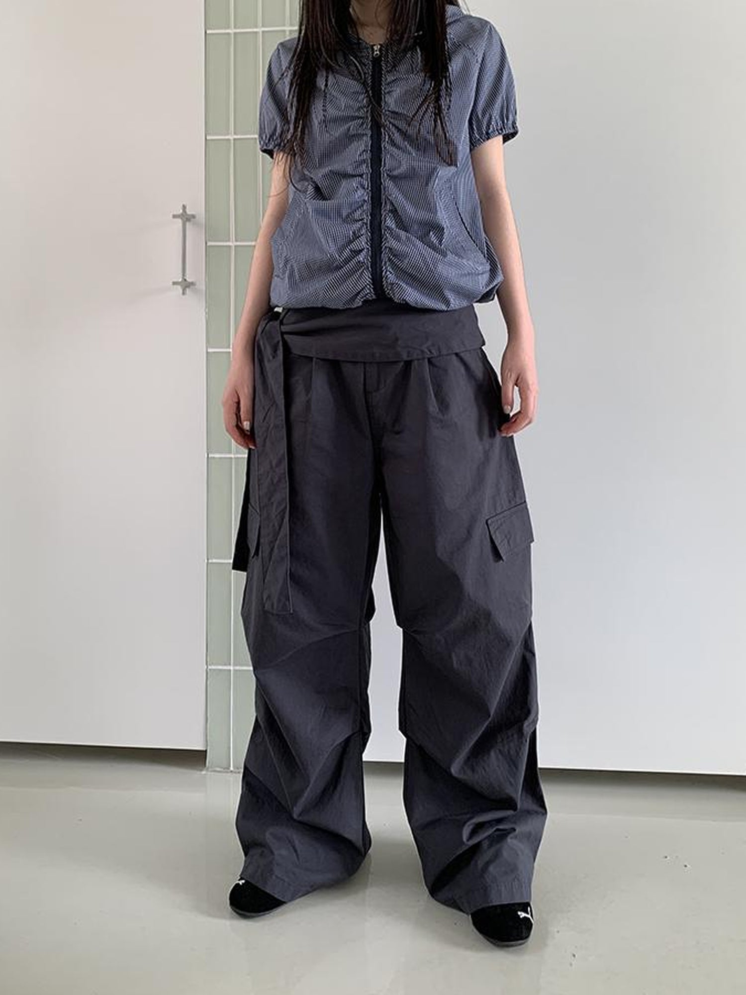 ang project Vintage Waist Tie Pleated High Waist Wide Leg Workwear Pants Set