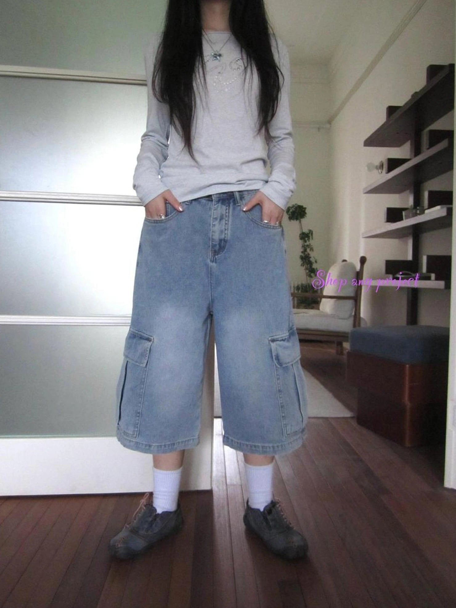 ang project Vintage Washed Cropped Jeans With Pockets Jeans