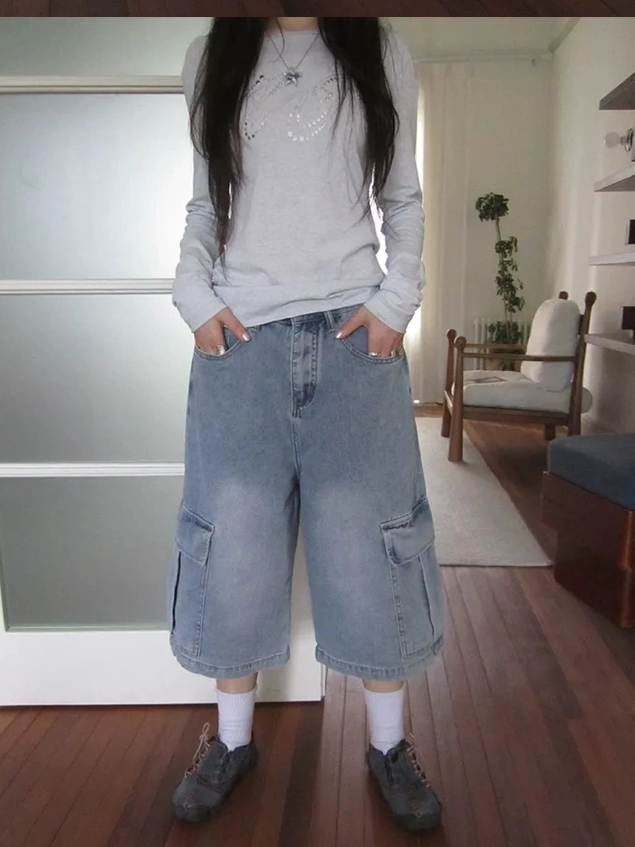 ang project Vintage Washed Cropped Jeans With Pockets Jeans