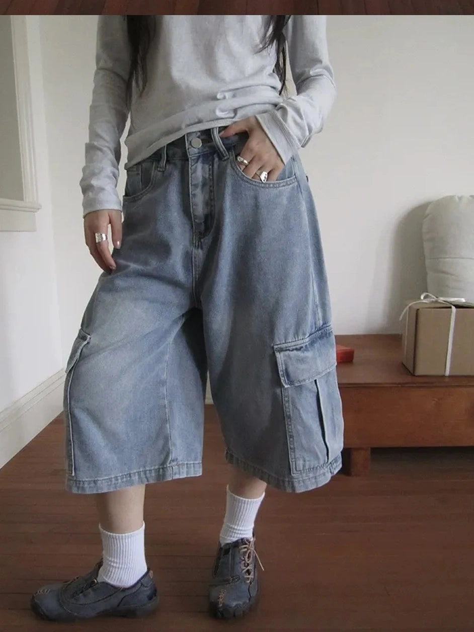 ang project Vintage Washed Cropped Jeans With Pockets Jeans
