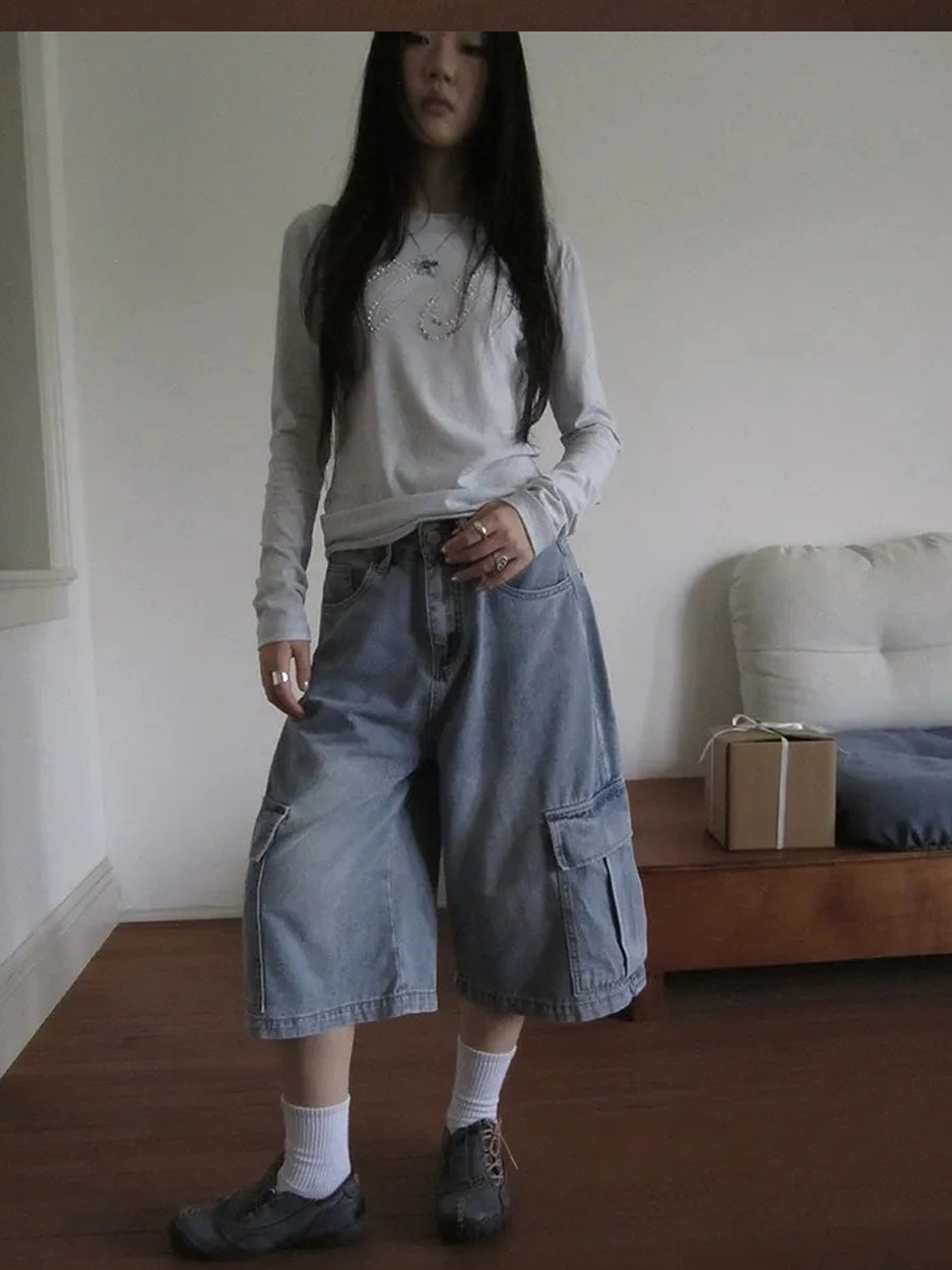 ang project Vintage Washed Cropped Jeans With Pockets Jeans