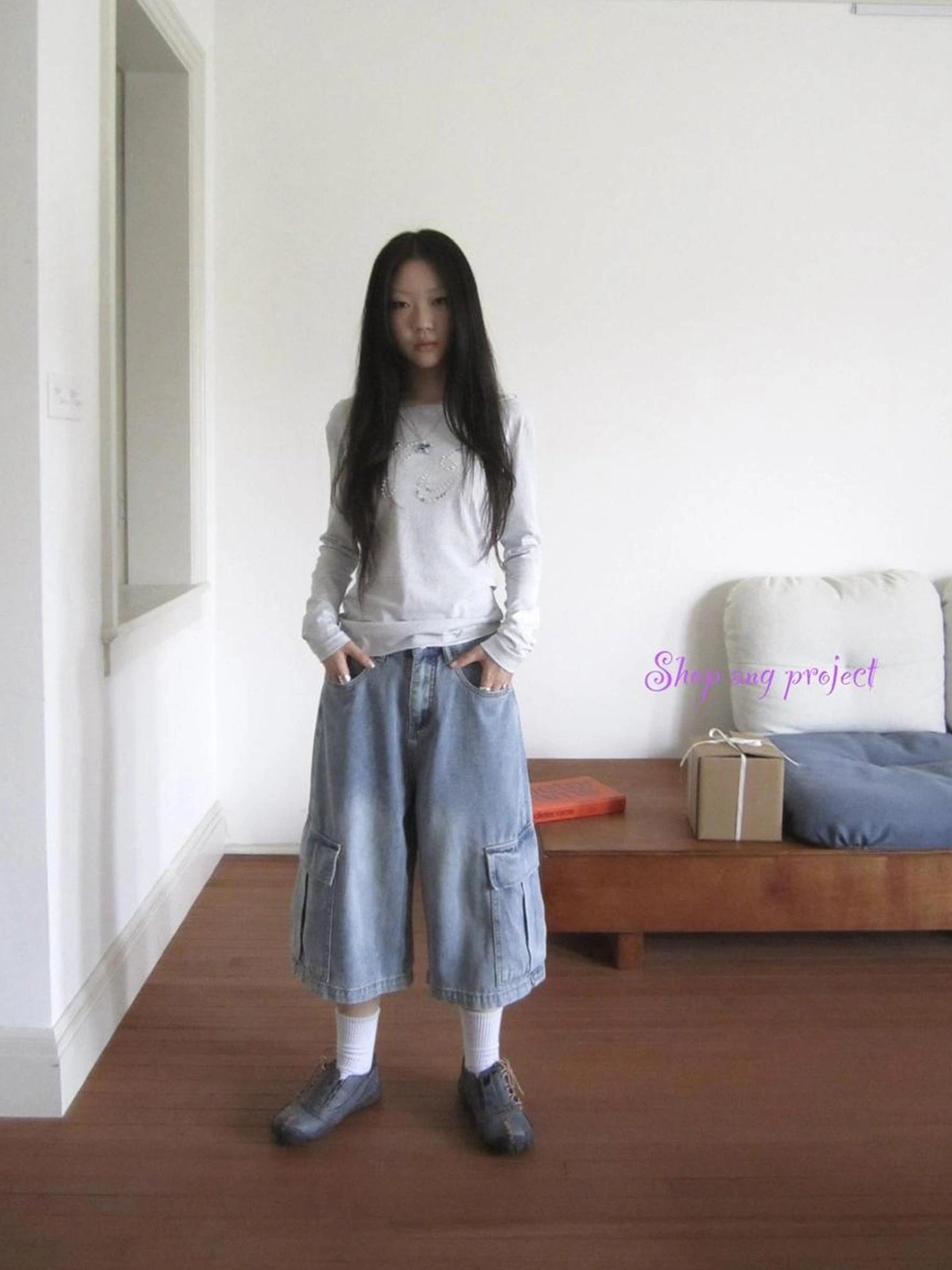 ang project Vintage Washed Cropped Jeans With Pockets Jeans