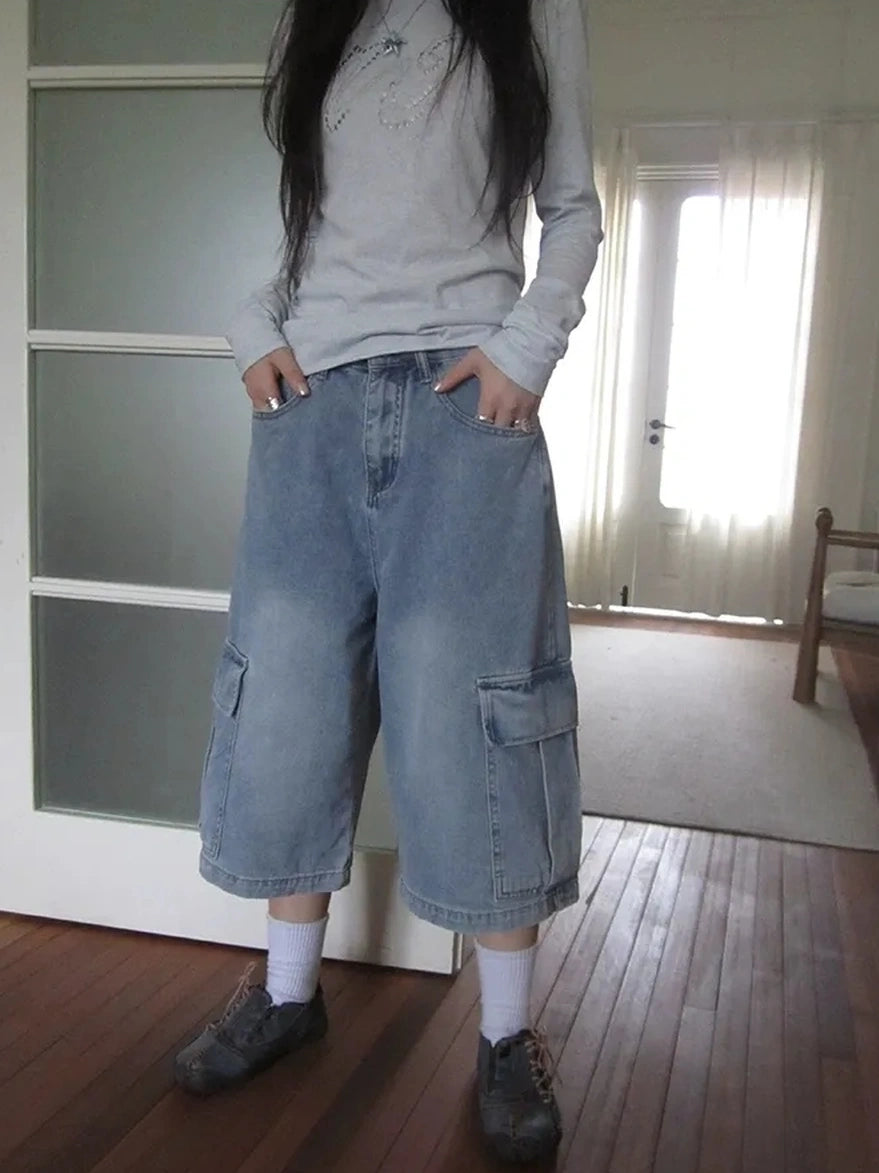 ang project Vintage Washed Cropped Jeans With Pockets Jeans