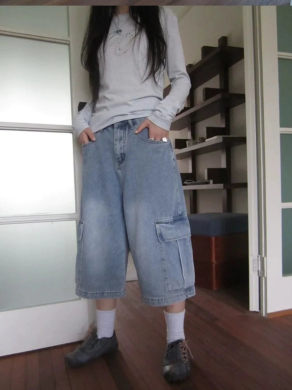 ang project Vintage Washed Cropped Jeans With Pockets Jeans
