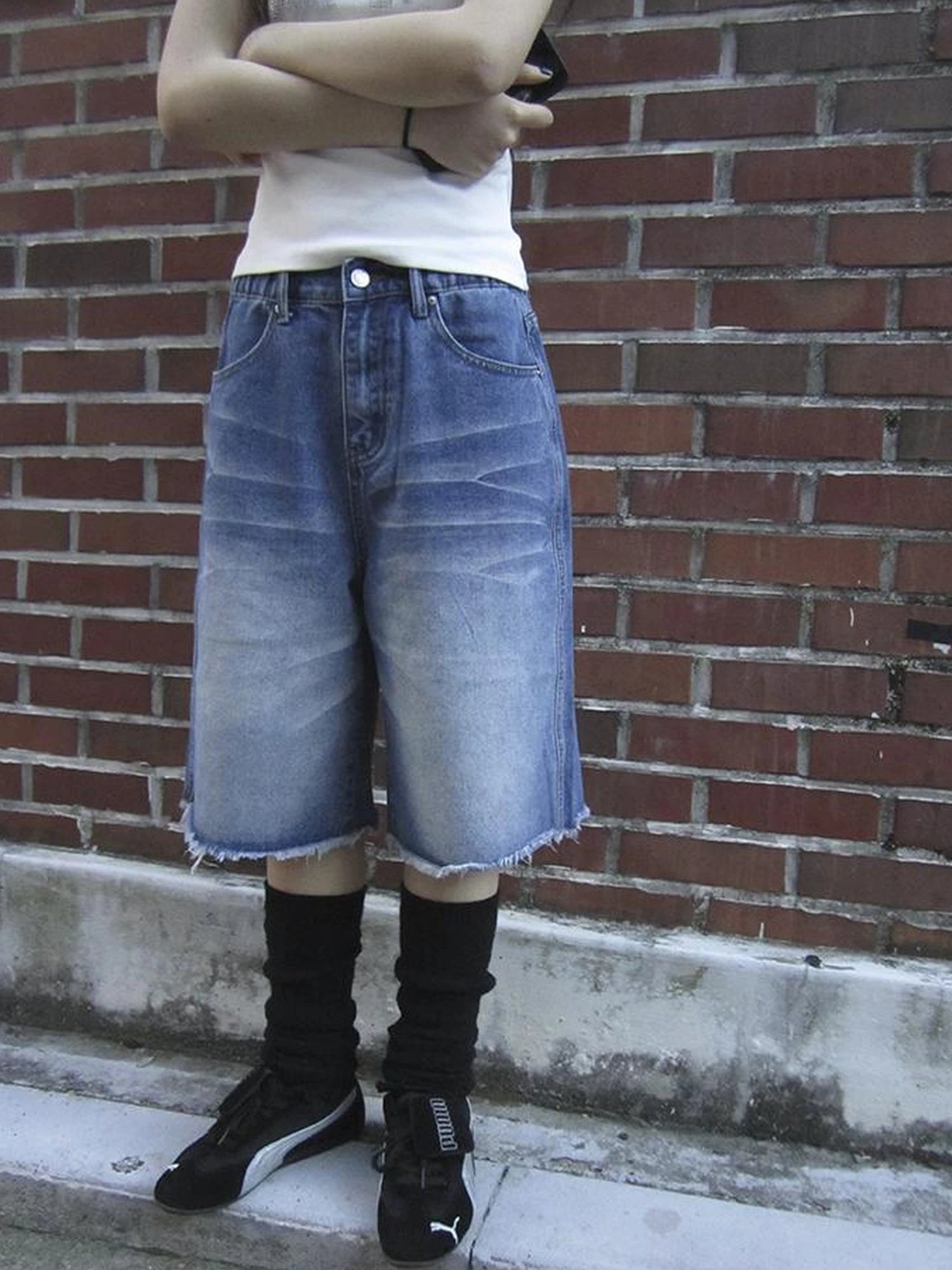 Vintage Washed Denim Mid Shorts With Elastic Waist