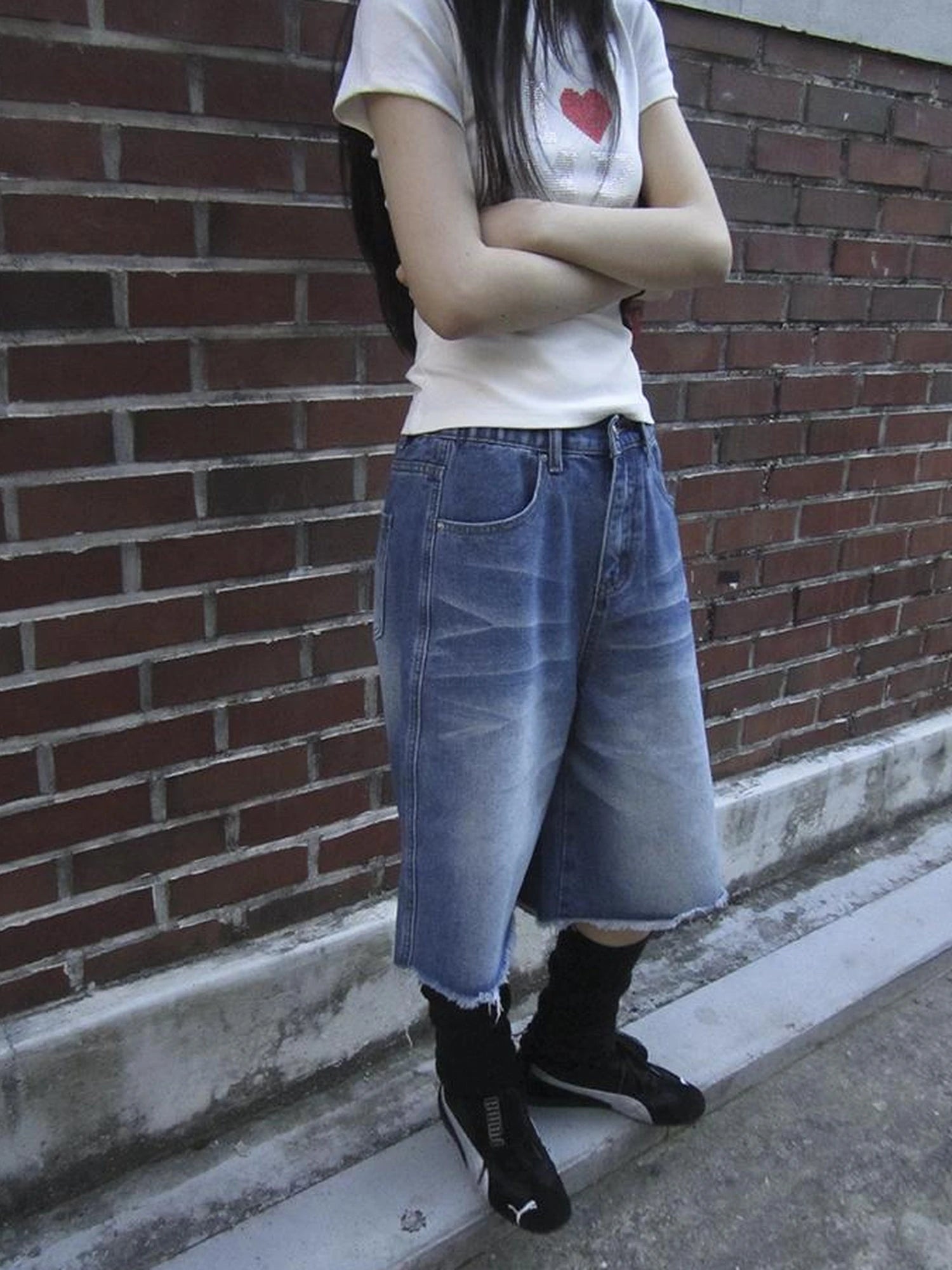 Vintage Washed Denim Mid Shorts With Elastic Waist