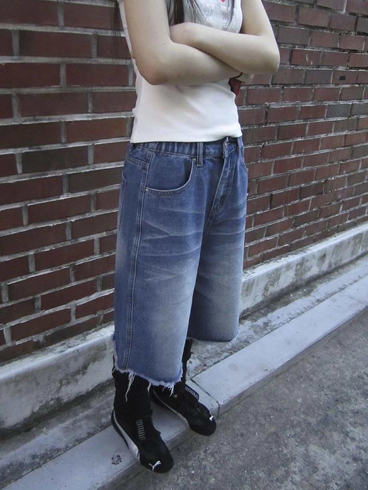 Vintage Washed Denim Mid Shorts With Elastic Waist