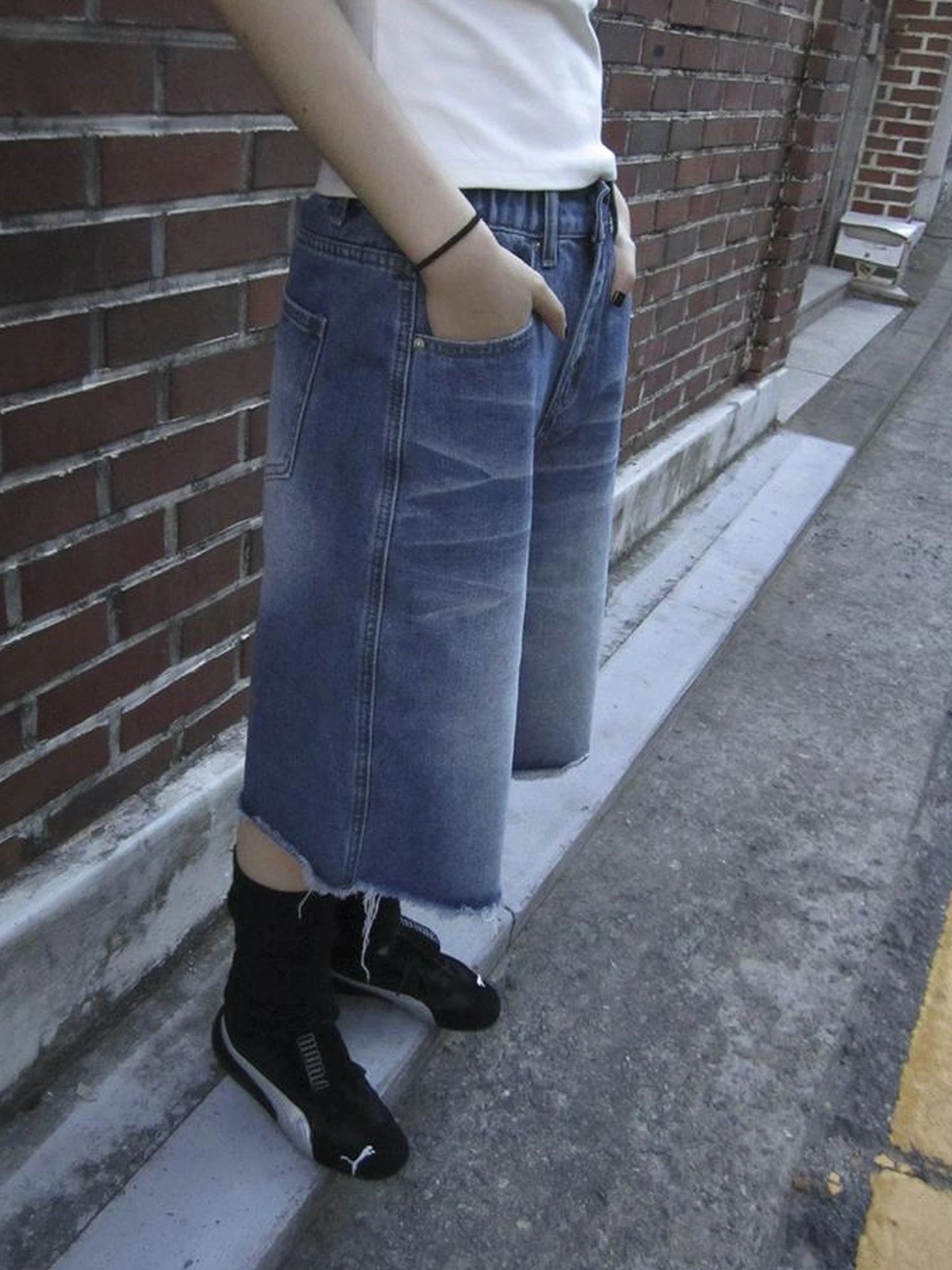 Vintage Washed Denim Mid Shorts With Elastic Waist