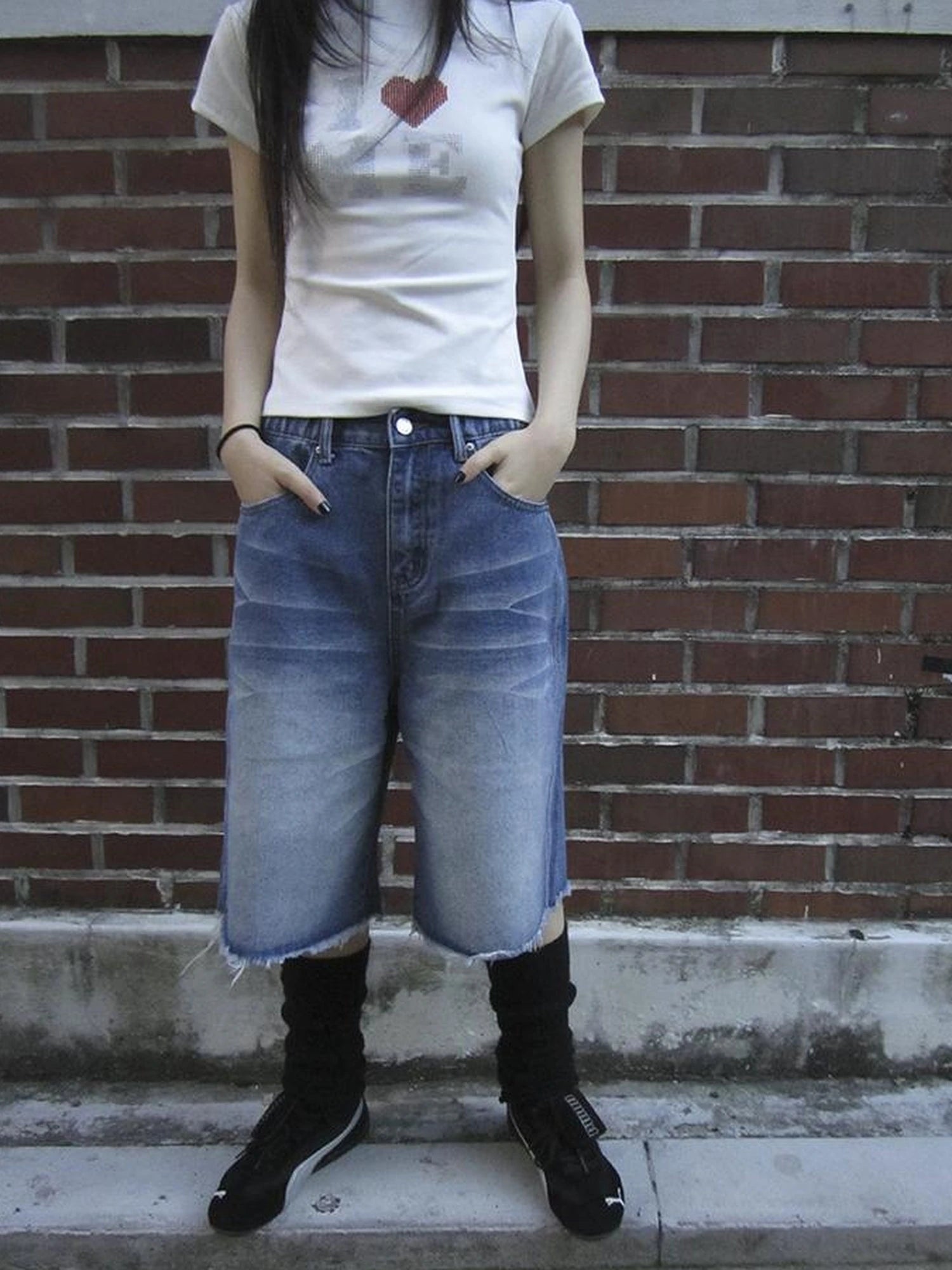 Vintage Washed Denim Mid Shorts With Elastic Waist