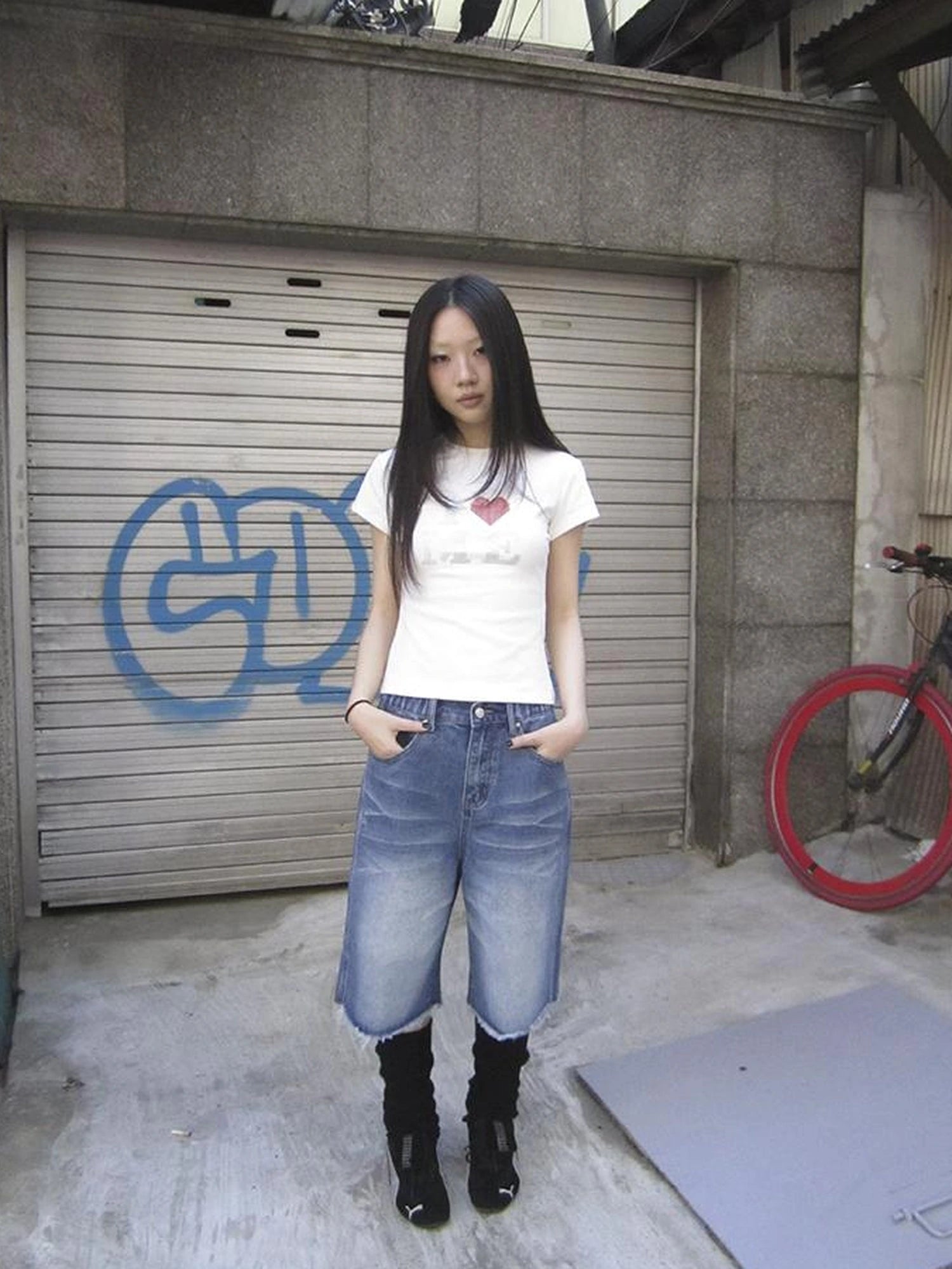 Vintage Washed Denim Mid Shorts With Elastic Waist