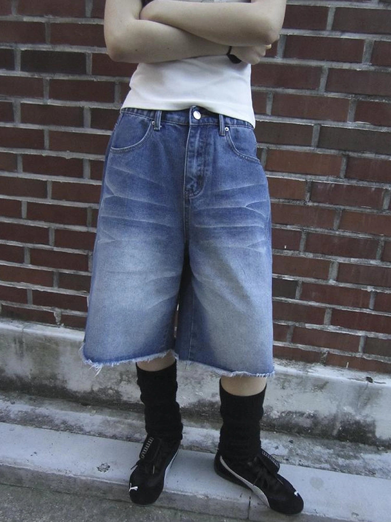 Vintage Washed Denim Mid Shorts With Elastic Waist