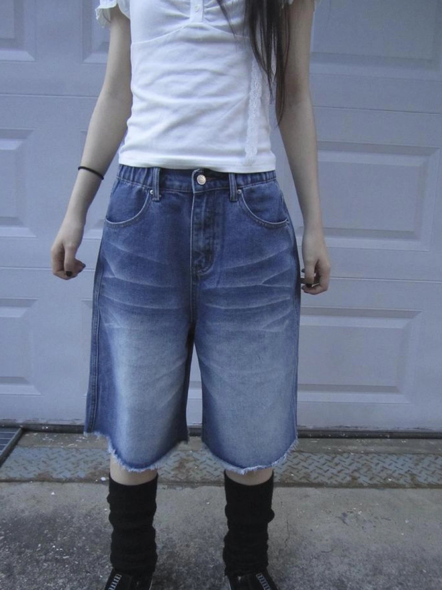 Vintage Washed Denim Mid Shorts With Elastic Waist