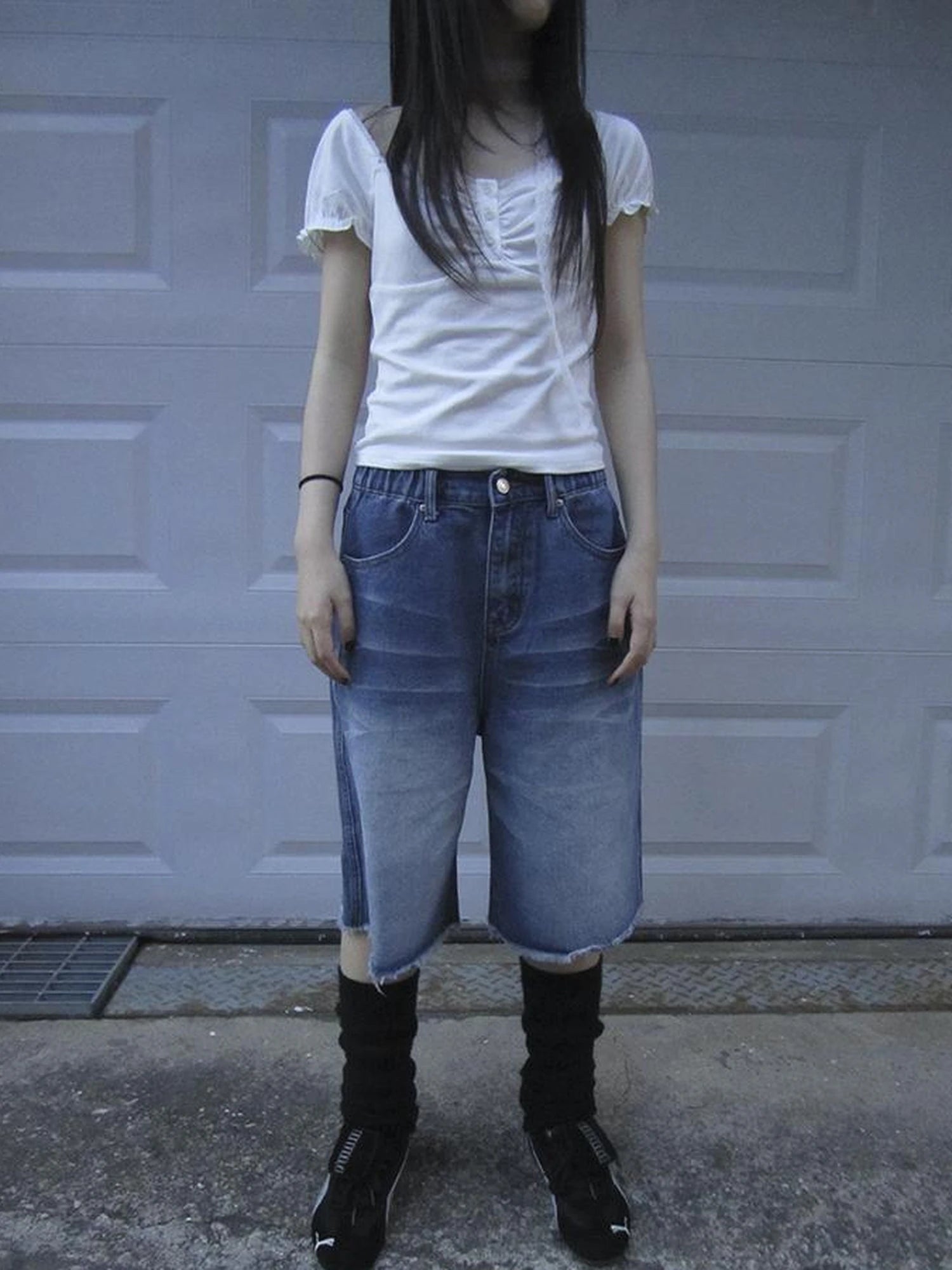 Vintage Washed Denim Mid Shorts With Elastic Waist