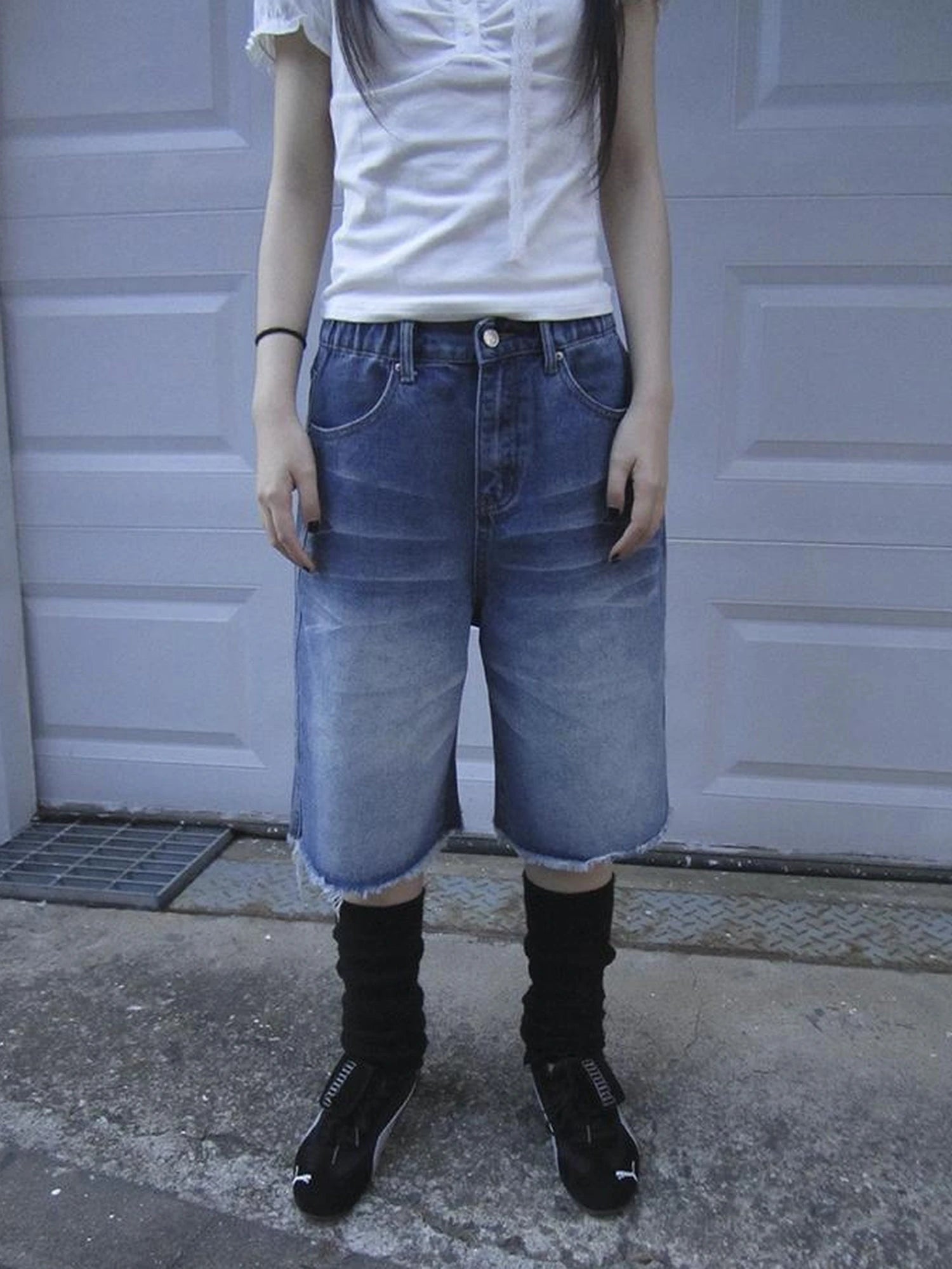 Vintage Washed Denim Mid Shorts With Elastic Waist