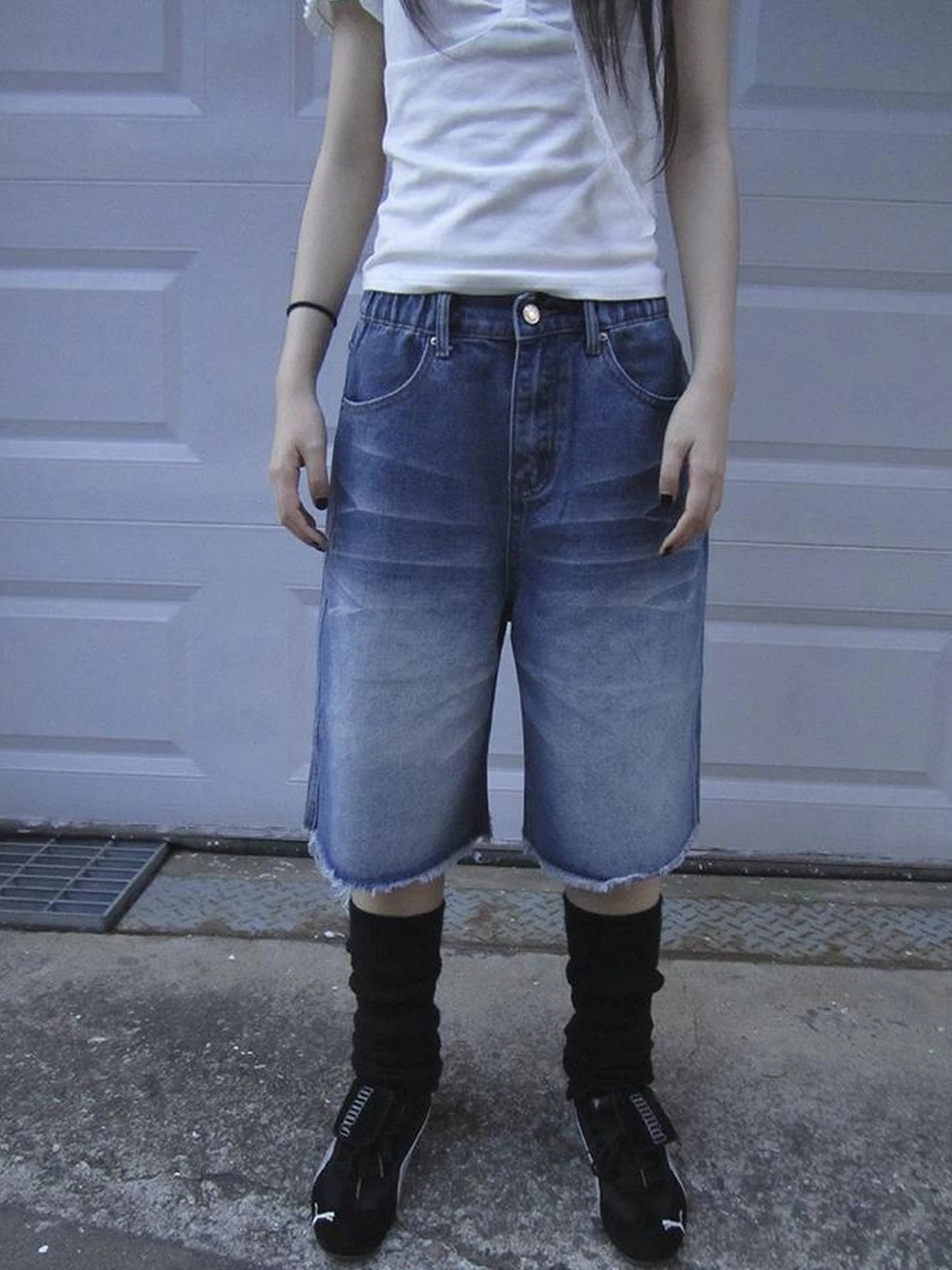 Vintage Washed Denim Mid Shorts With Elastic Waist