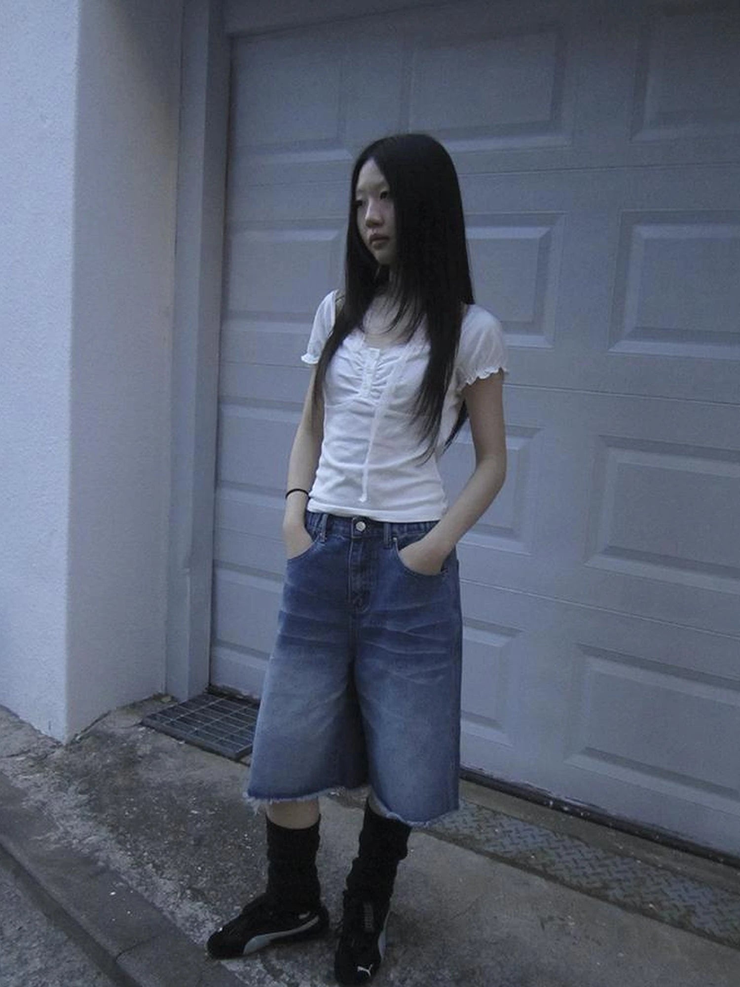 Vintage Washed Denim Mid Shorts With Elastic Waist