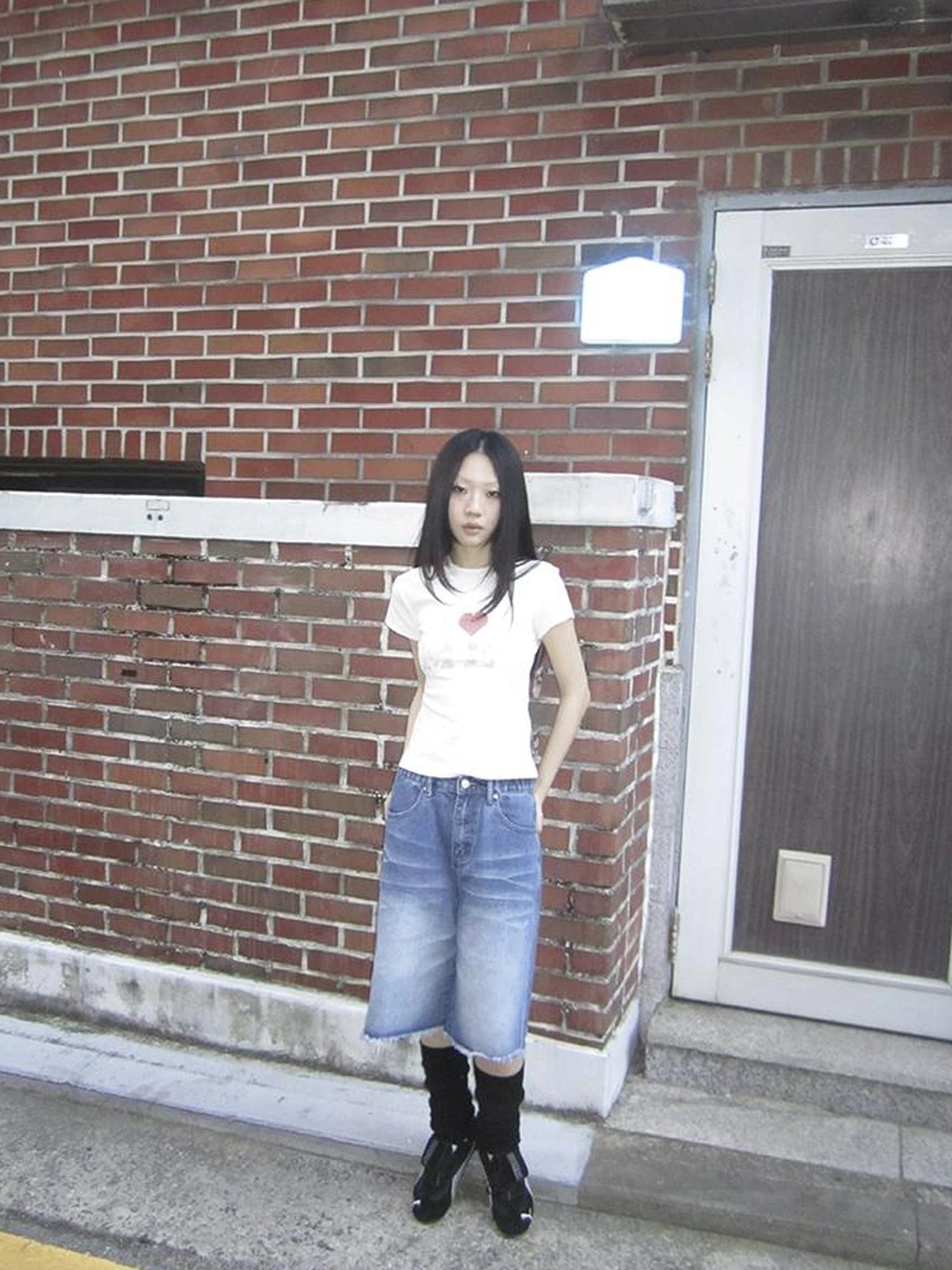 Vintage Washed Denim Mid Shorts With Elastic Waist