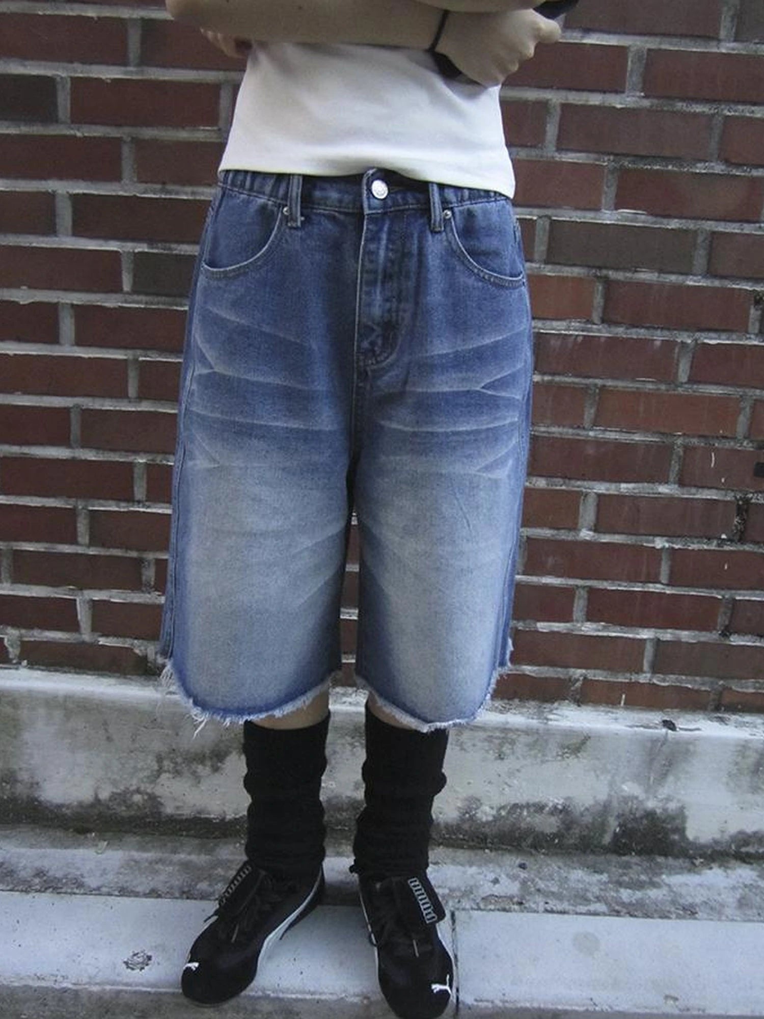Vintage Washed Denim Mid Shorts With Elastic Waist