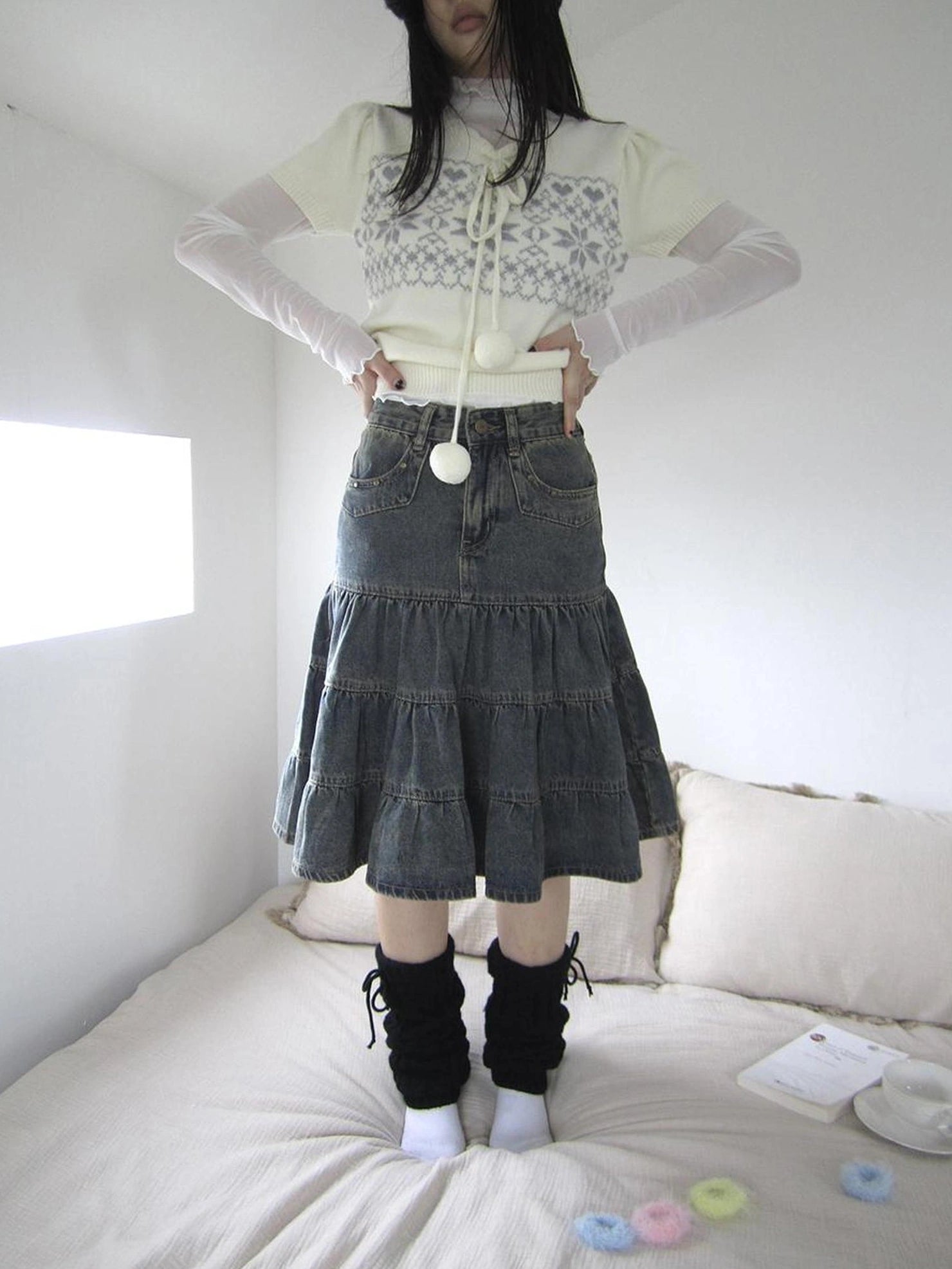 ang project Vintage Washed Distressed Lace Trim Beaded Denim Midi Skirt Skirt