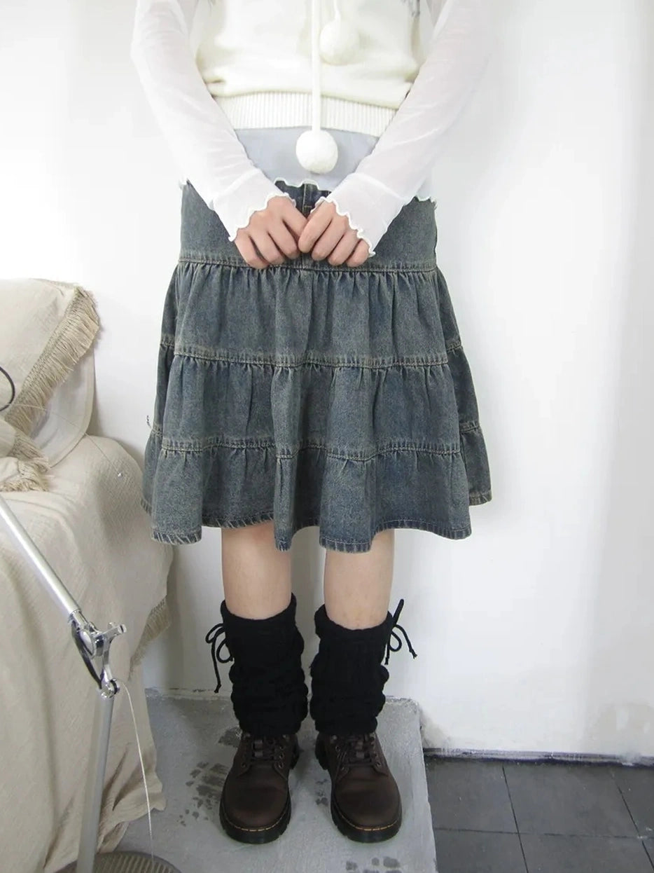 ang project Vintage Washed Distressed Lace Trim Beaded Denim Midi Skirt Skirt