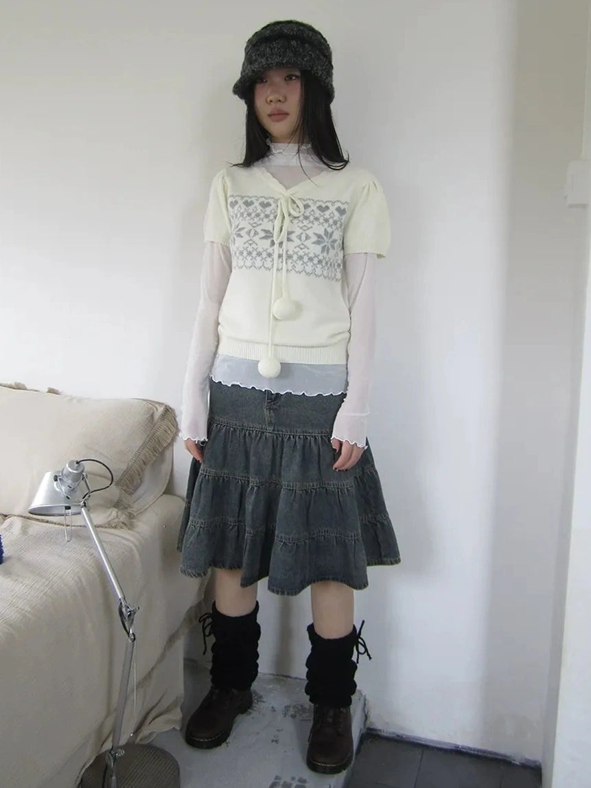 ang project Vintage Washed Distressed Lace Trim Beaded Denim Midi Skirt Skirt