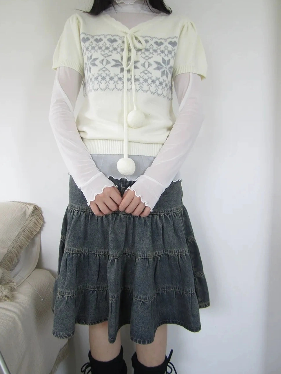 ang project Vintage Washed Distressed Lace Trim Beaded Denim Midi Skirt Skirt