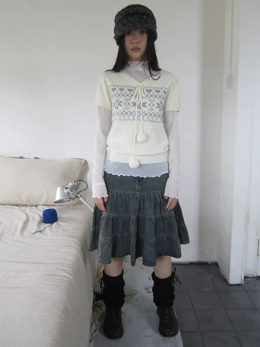 ang project Vintage Washed Distressed Lace Trim Beaded Denim Midi Skirt Skirt