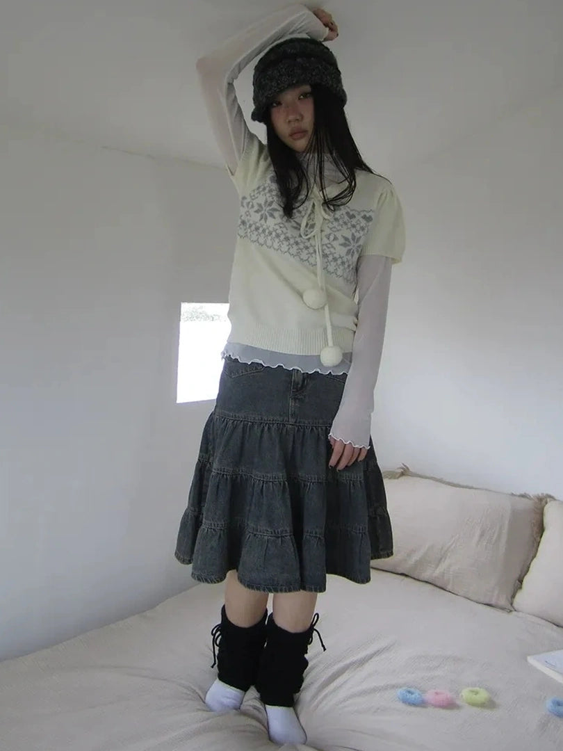 ang project Vintage Washed Distressed Lace Trim Beaded Denim Midi Skirt Skirt