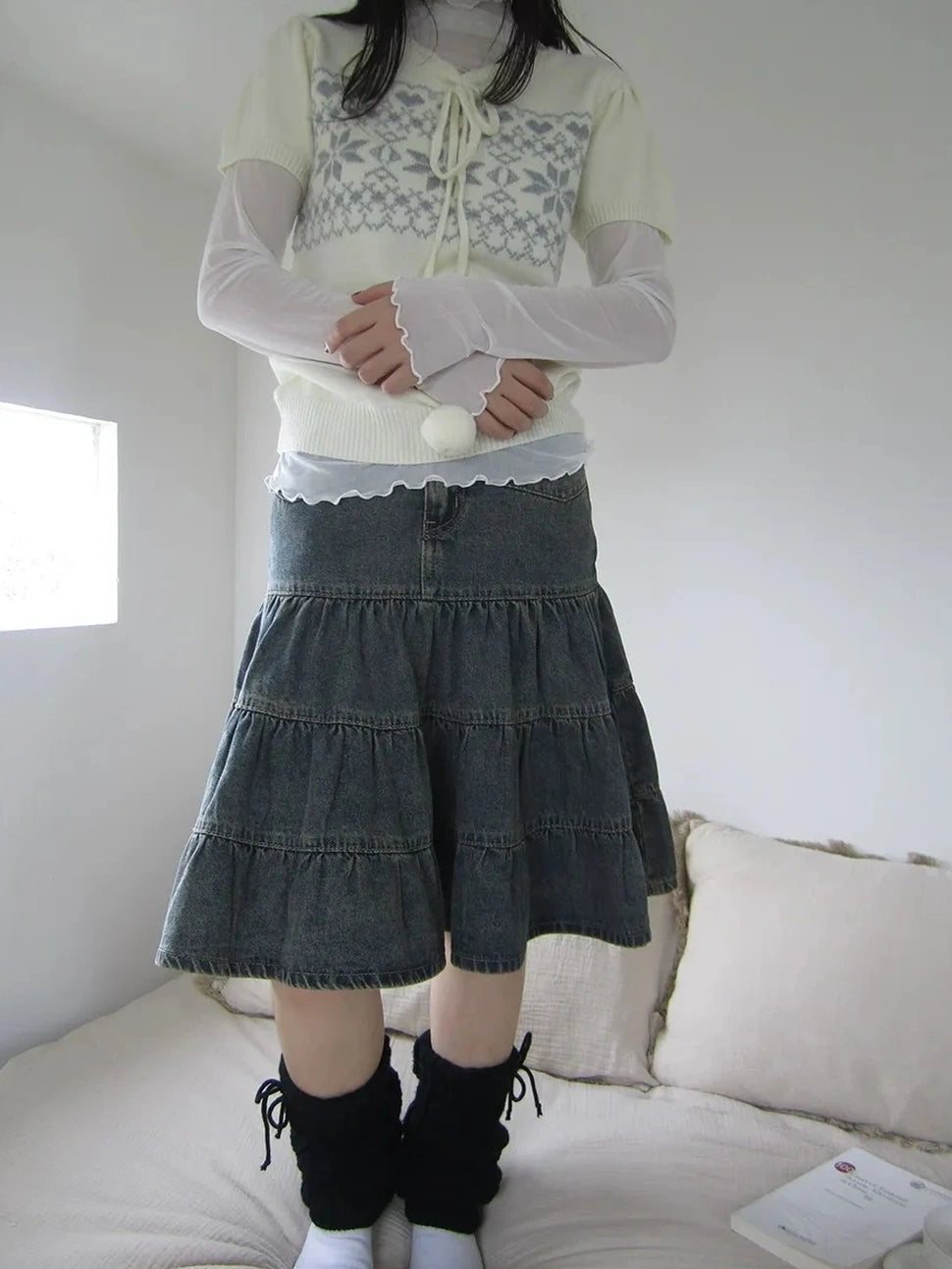 ang project Vintage Washed Distressed Lace Trim Beaded Denim Midi Skirt Skirt