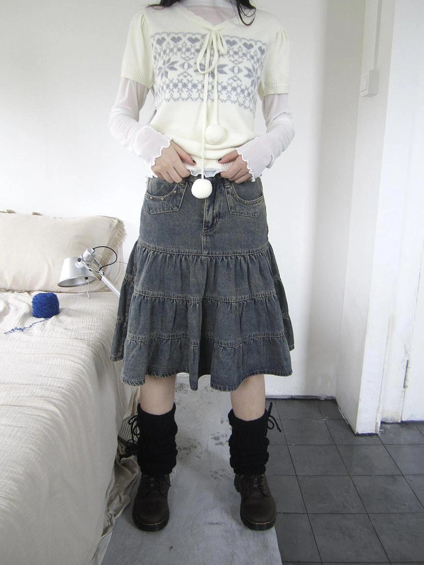 ang project Vintage Washed Distressed Lace Trim Beaded Denim Midi Skirt Skirt