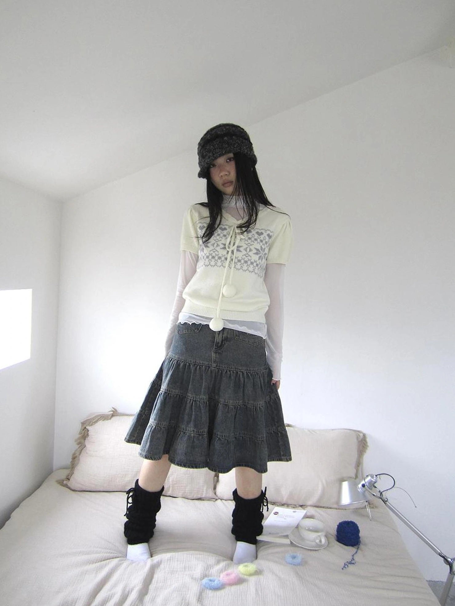 ang project Vintage Washed Distressed Lace Trim Beaded Denim Midi Skirt Skirt