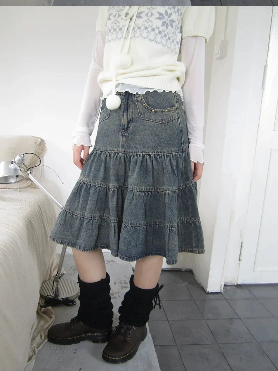 ang project Vintage Washed Distressed Lace Trim Beaded Denim Midi Skirt Skirt