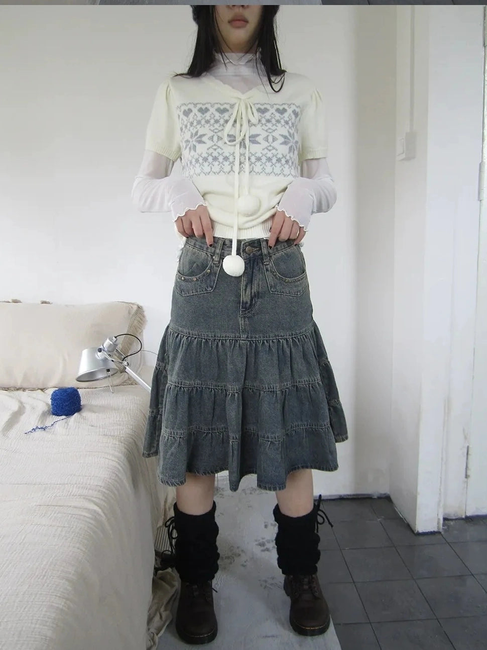 ang project Vintage Washed Distressed Lace Trim Beaded Denim Midi Skirt Skirt