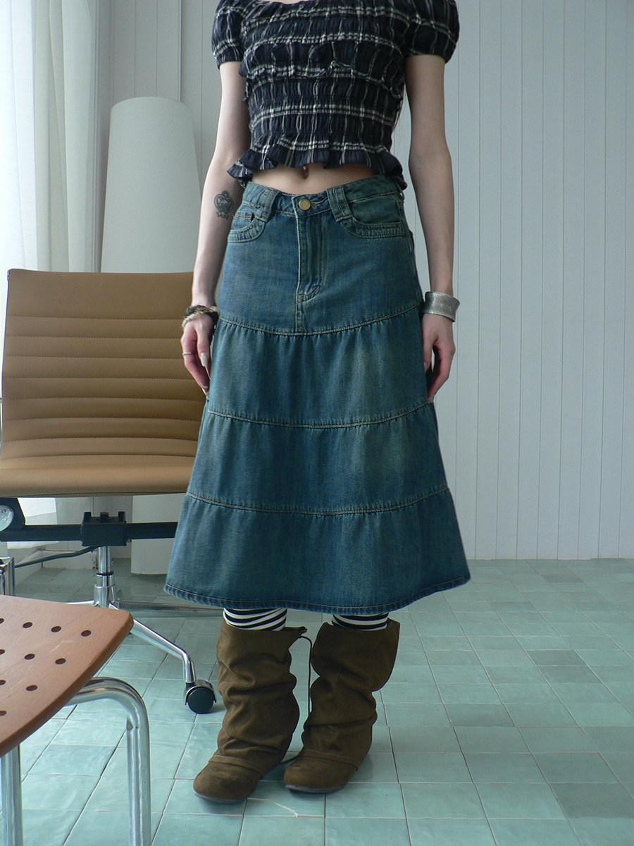 ang project Vintage Washed Distressed Pleated Paneled High Waist Women&