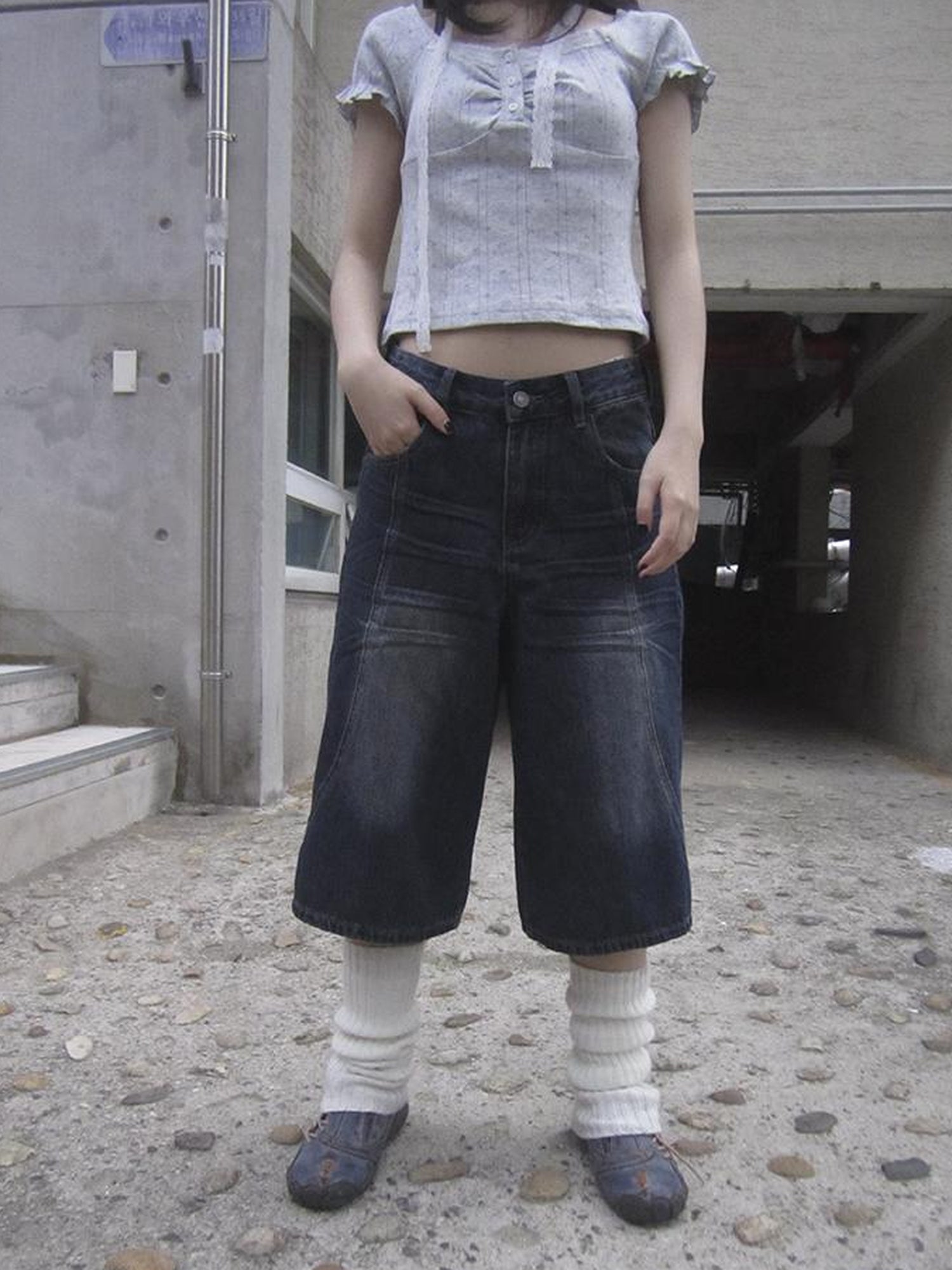 ang project Vintage Washed Distressed Relaxed Straight Cropped Jeans
