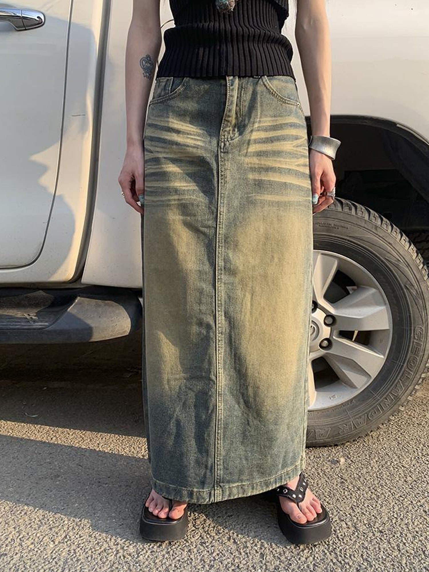 ang project Vintage Washed Distressed Side Slit Denim Maxi Skirt