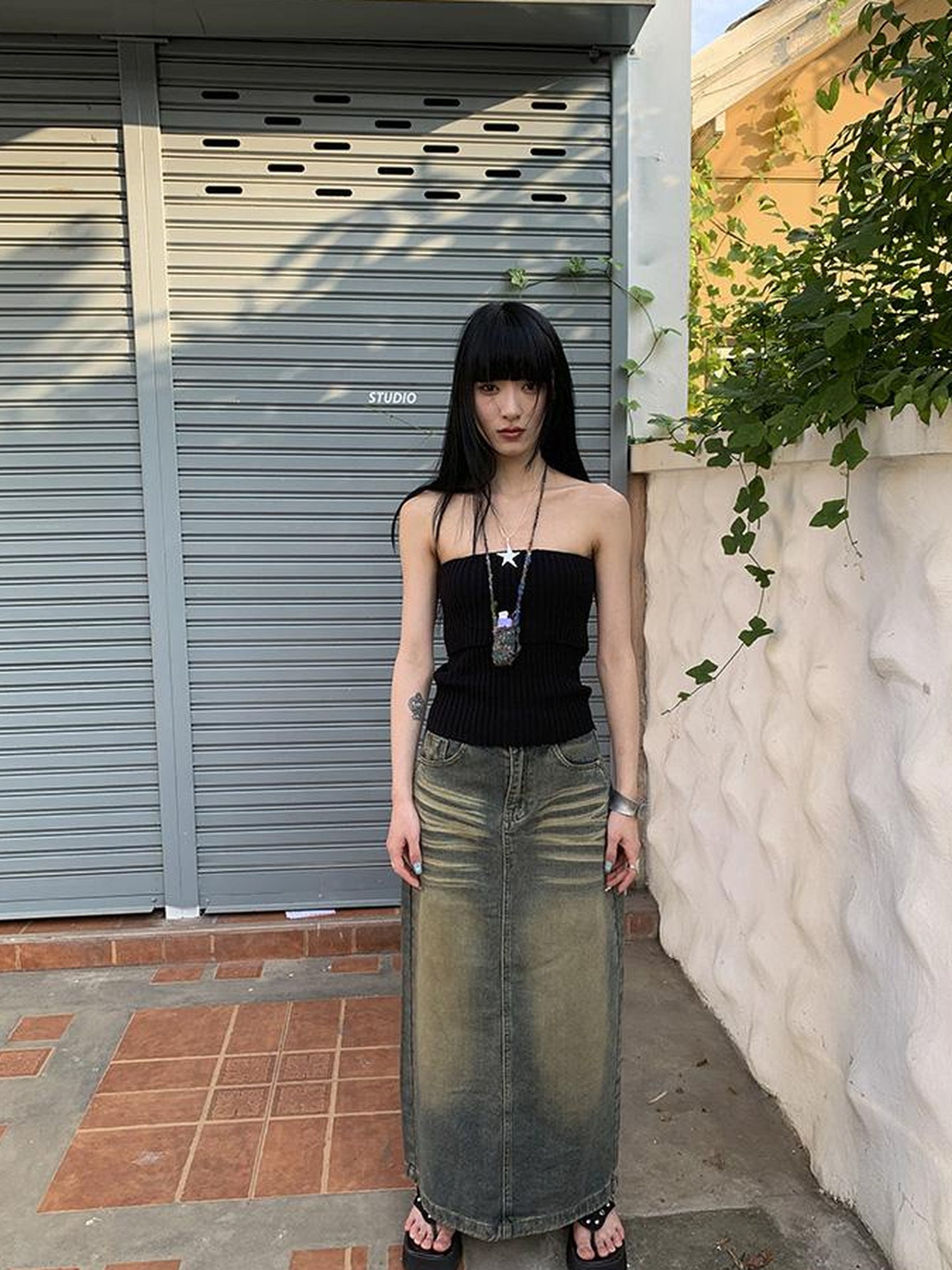 ang project Vintage Washed Distressed Side Slit Denim Maxi Skirt