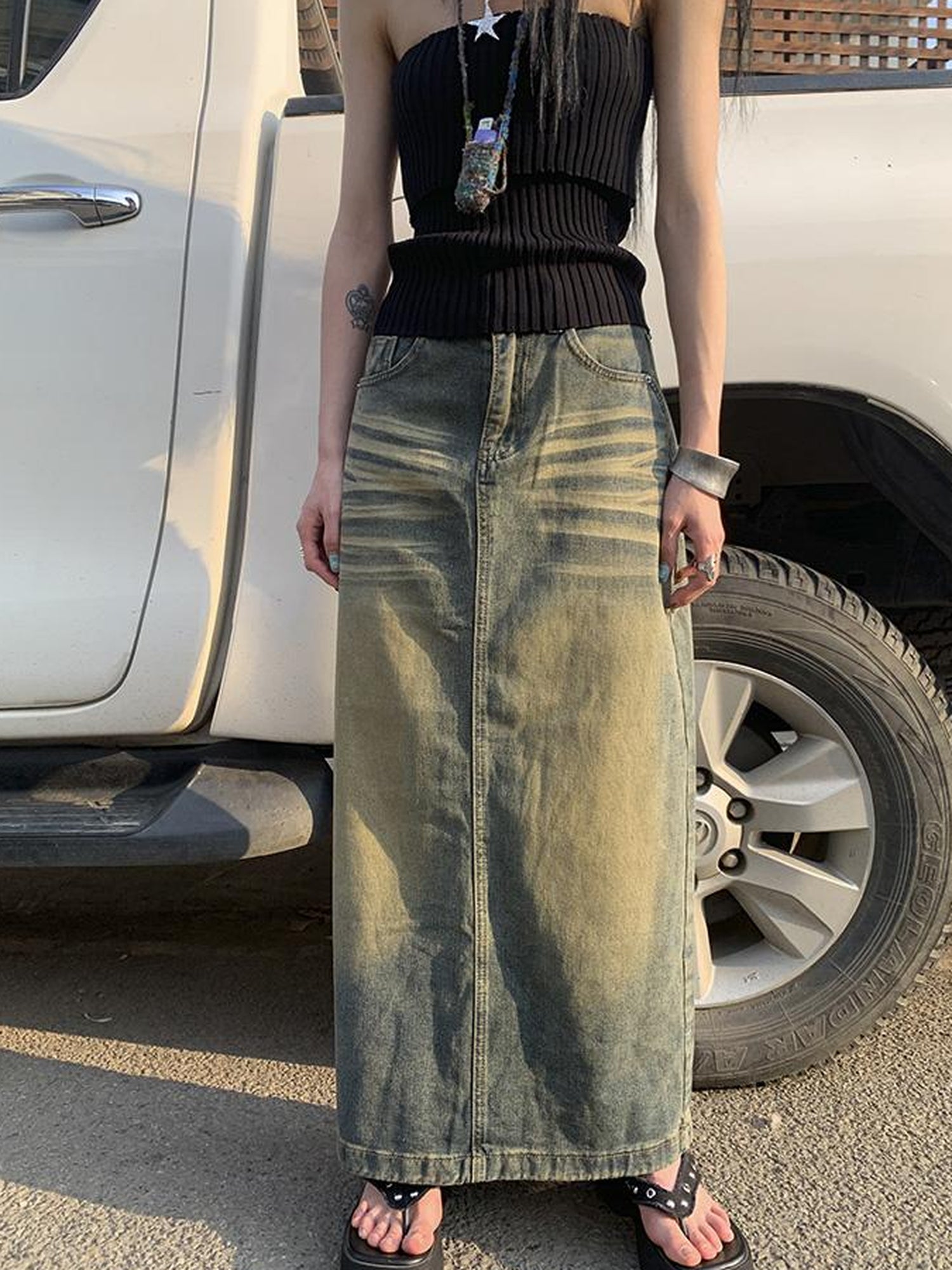 ang project Vintage Washed Distressed Side Slit Denim Maxi Skirt