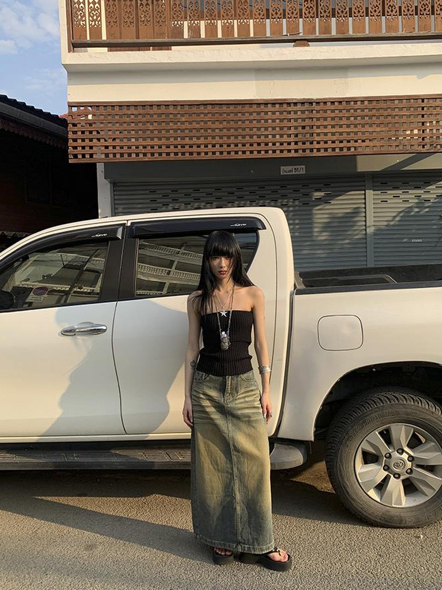 ang project Vintage Washed Distressed Side Slit Denim Maxi Skirt