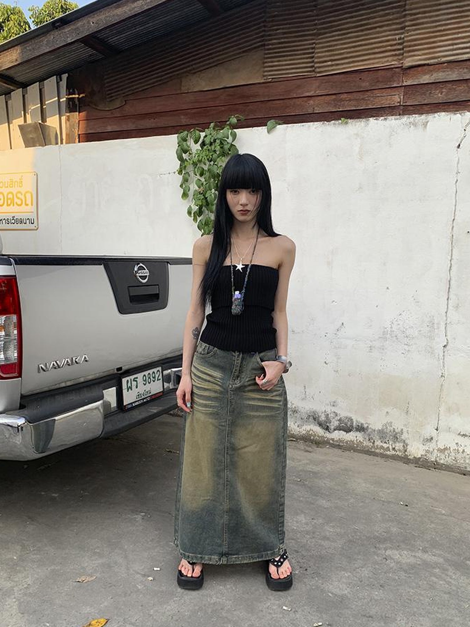 ang project Vintage Washed Distressed Side Slit Denim Maxi Skirt