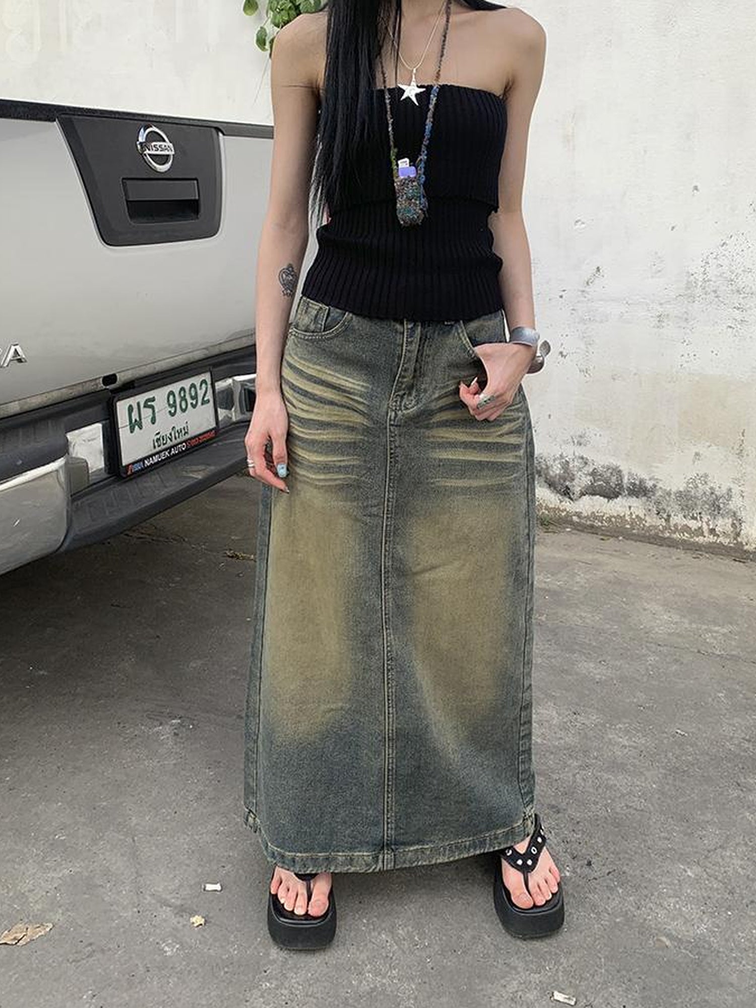 ang project Vintage Washed Distressed Side Slit Denim Maxi Skirt