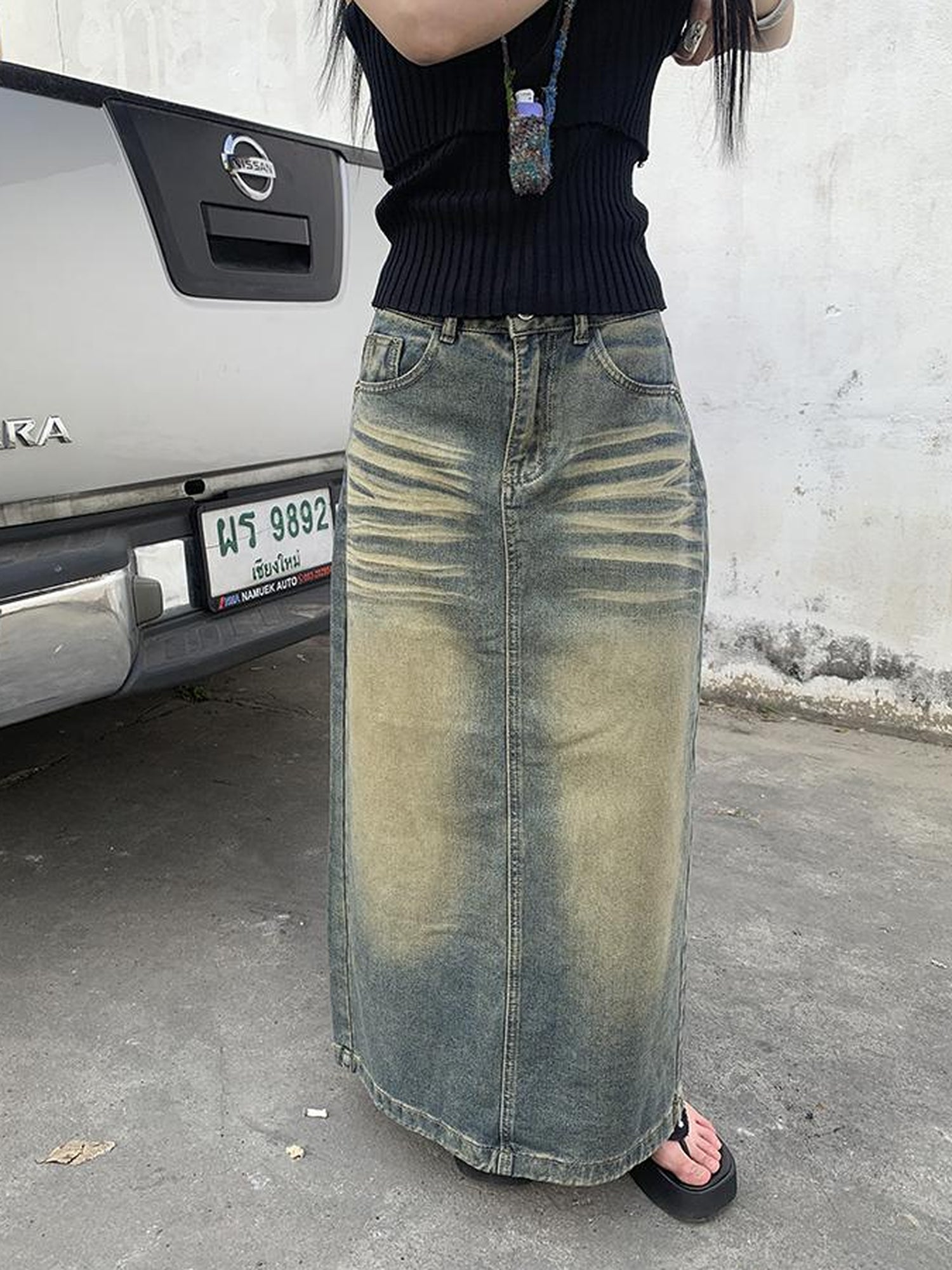 ang project Vintage Washed Distressed Side Slit Denim Maxi Skirt