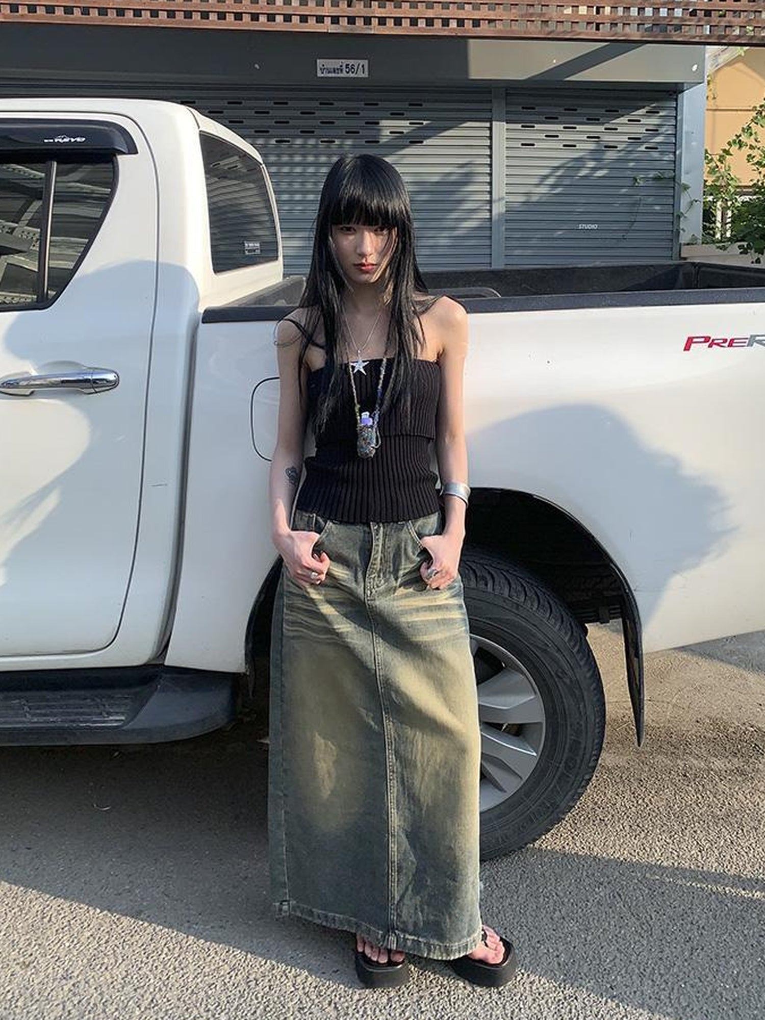 ang project Vintage Washed Distressed Side Slit Denim Maxi Skirt