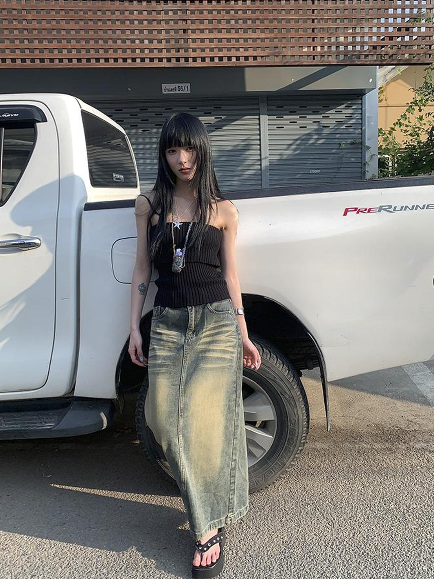 ang project Vintage Washed Distressed Side Slit Denim Maxi Skirt