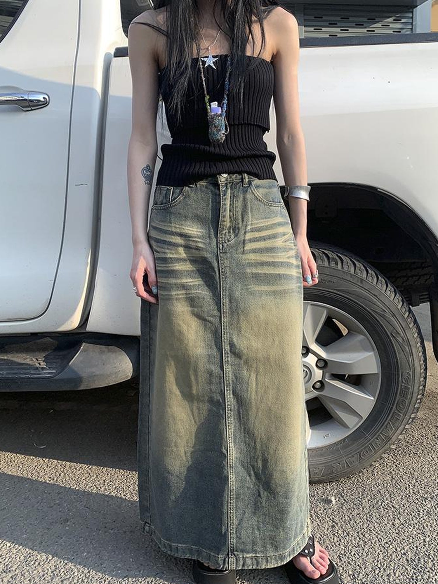 ang project Vintage Washed Distressed Side Slit Denim Maxi Skirt