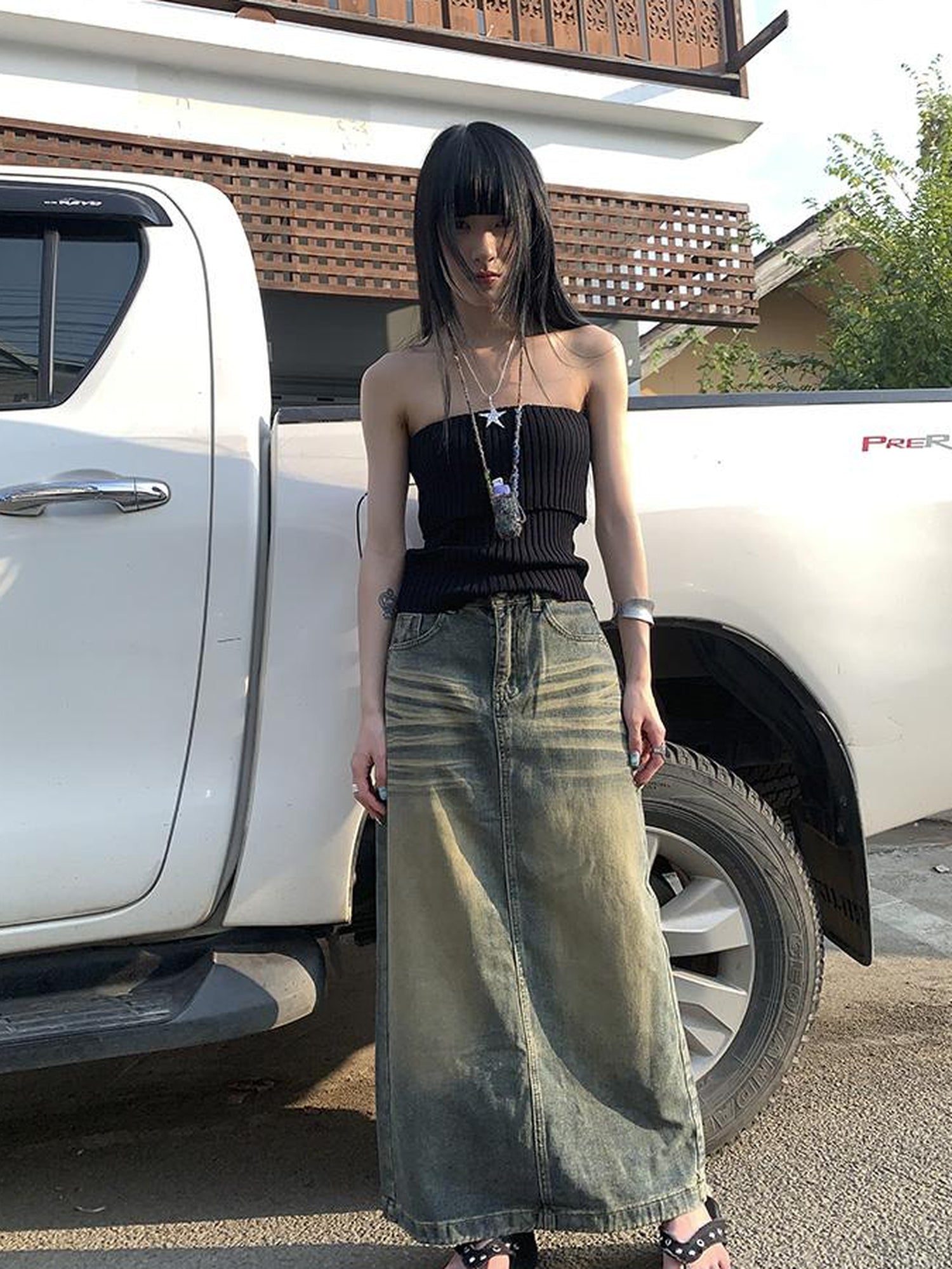 ang project Vintage Washed Distressed Side Slit Denim Maxi Skirt
