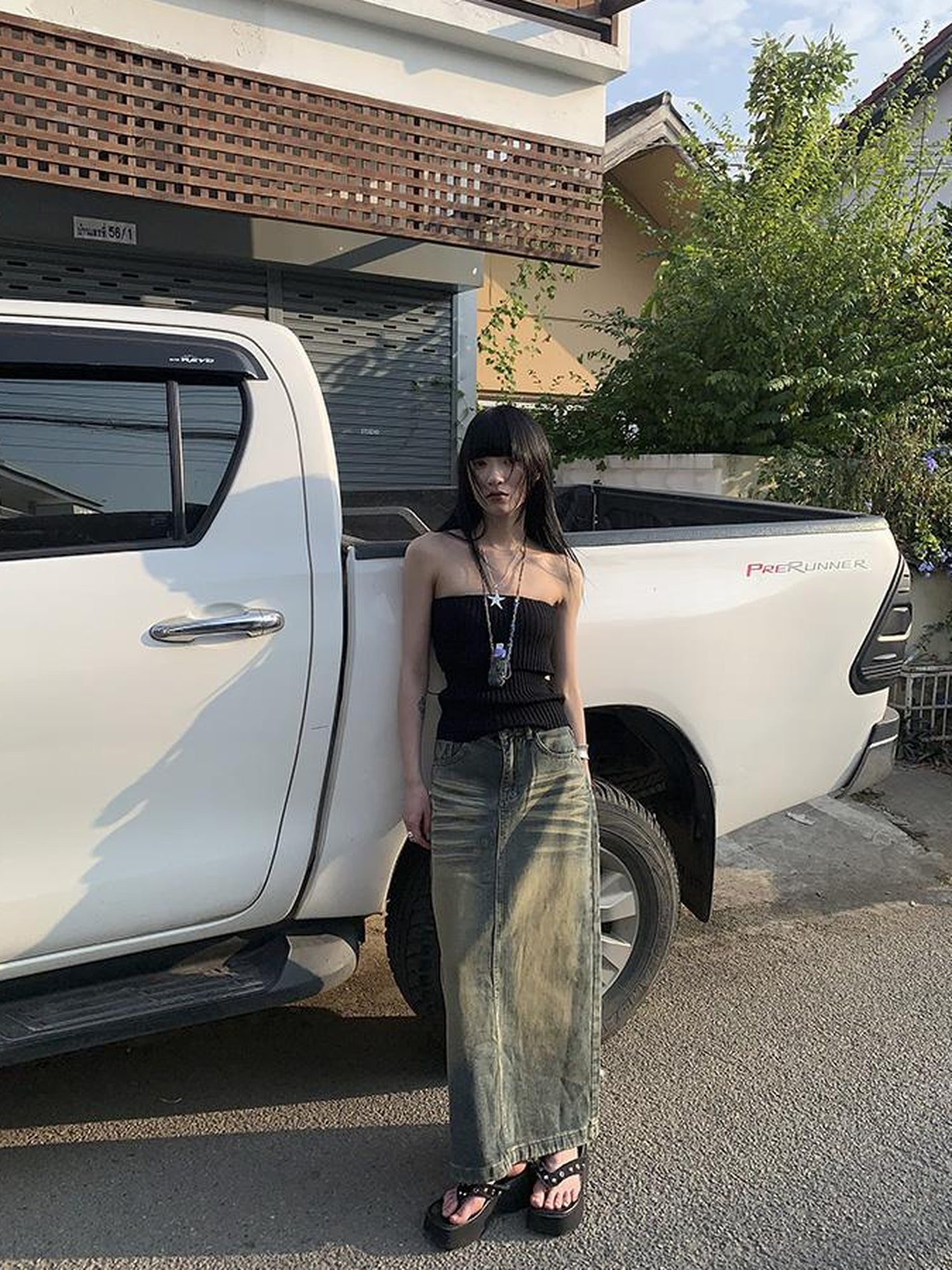 ang project Vintage Washed Distressed Side Slit Denim Maxi Skirt