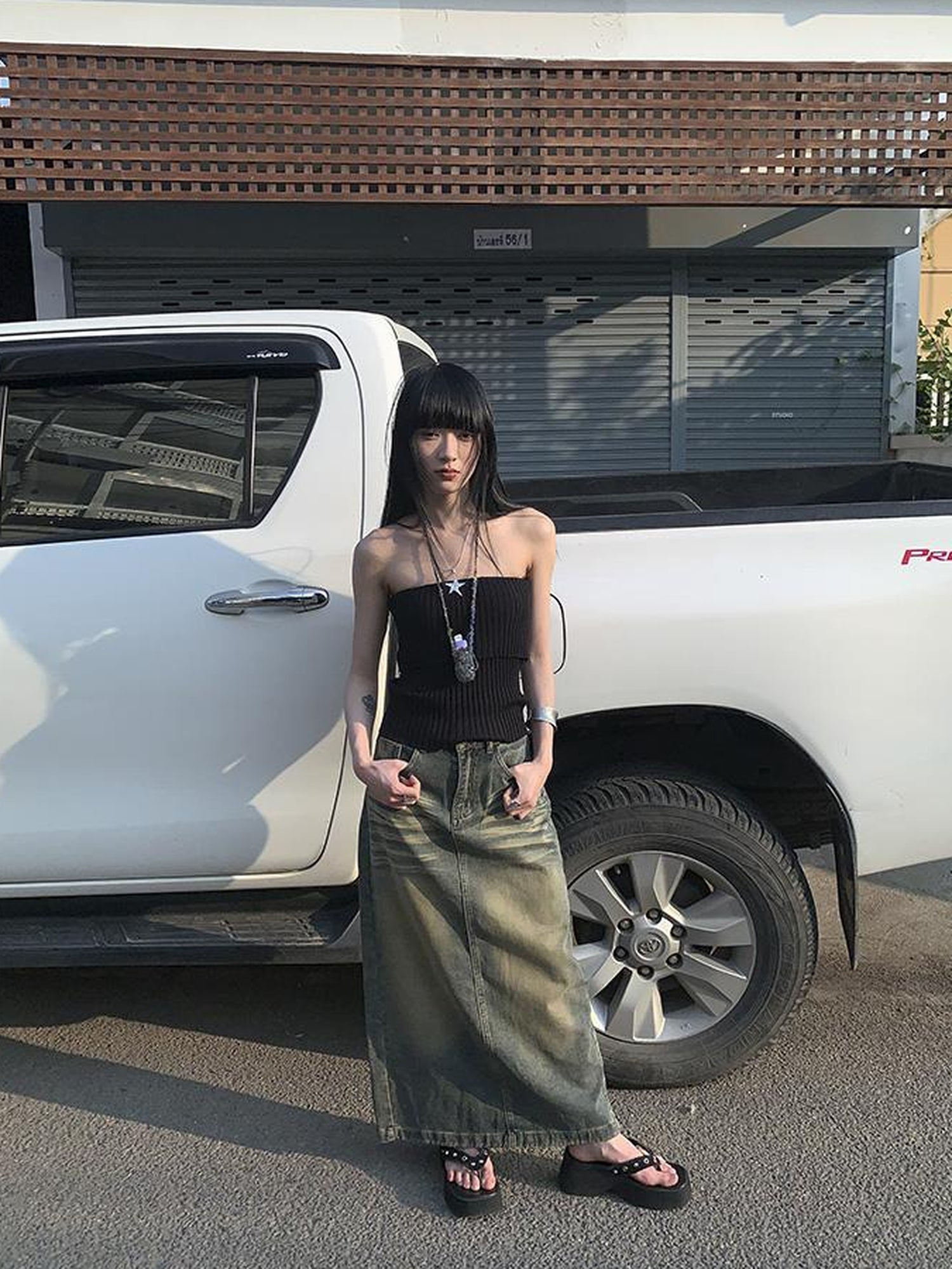 ang project Vintage Washed Distressed Side Slit Denim Maxi Skirt