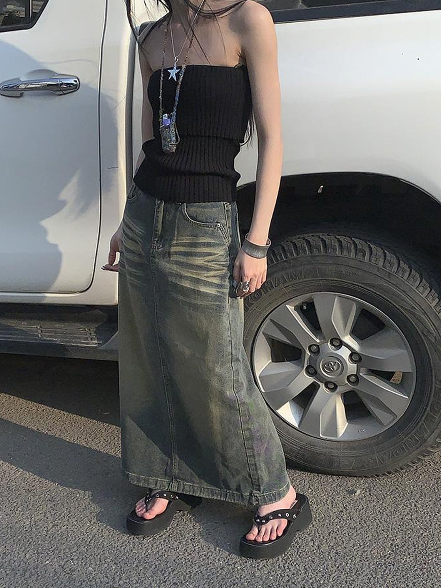 ang project Vintage Washed Distressed Side Slit Denim Maxi Skirt